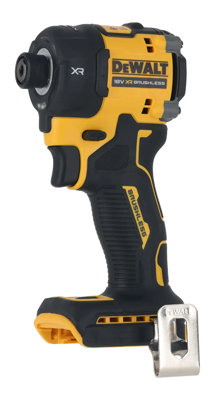 DEWALT 18V XR brushless impact driver with yellow and black design and metal belt clip.
