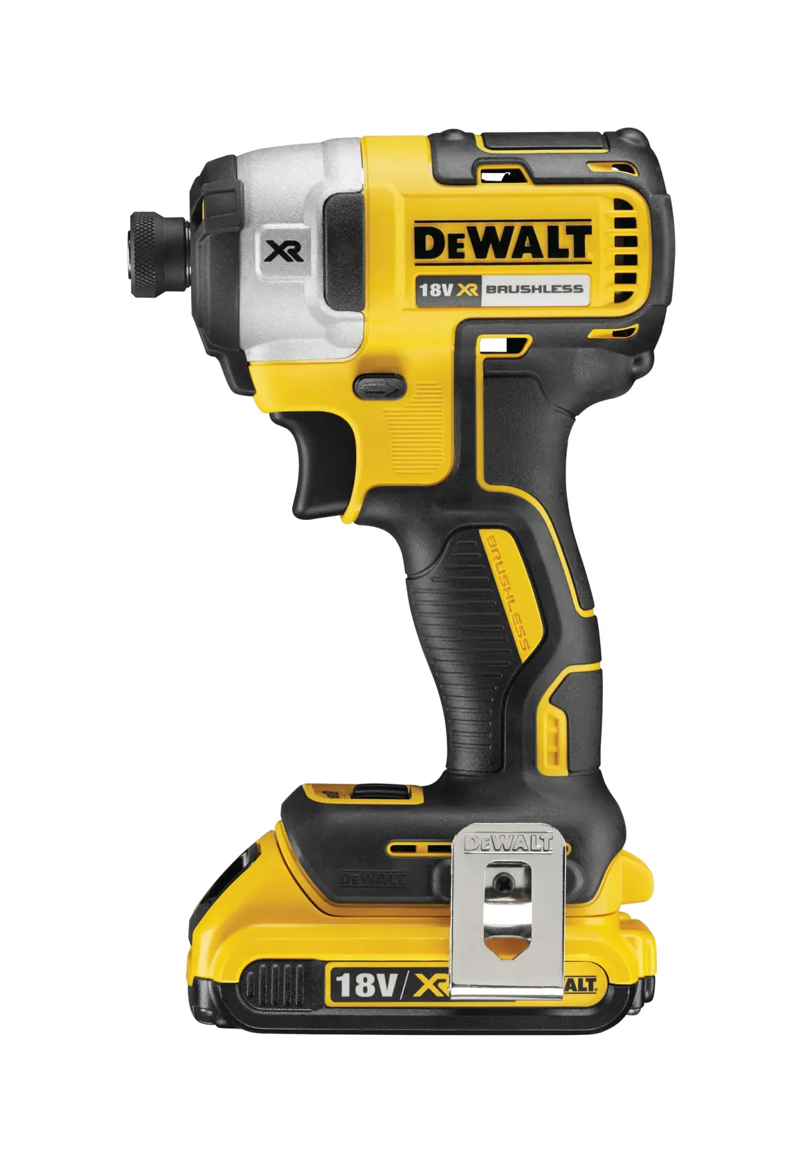 DEWALT 18V XR brushless cordless impact driver with ergonomic grip and metal belt clip.