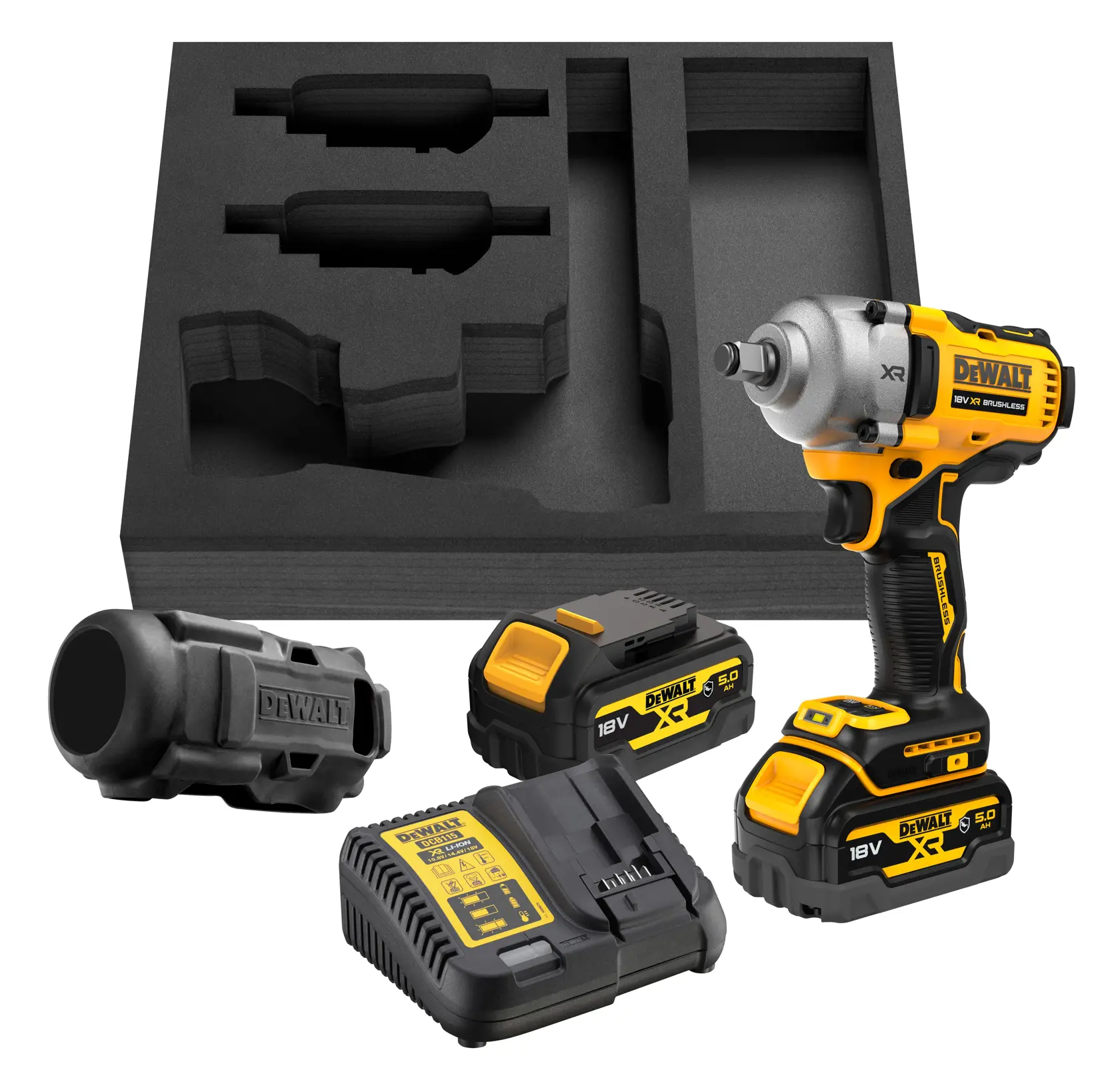 DEWALT Akku-Schlagschrauber-Set mit zwei Akkus, Ladegerät, schwarzer Abdeckung und Schaumeinsatz.