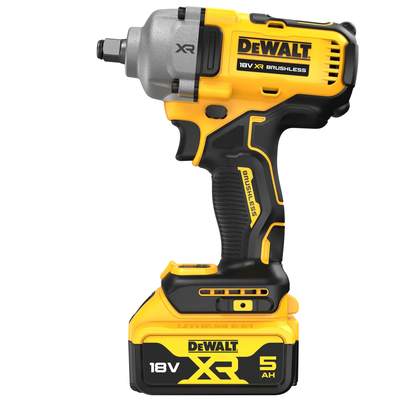 Llave de impacto DEWALT 18V XR brushless con batería 5Ah, amarillo y negro, fondo blanco.