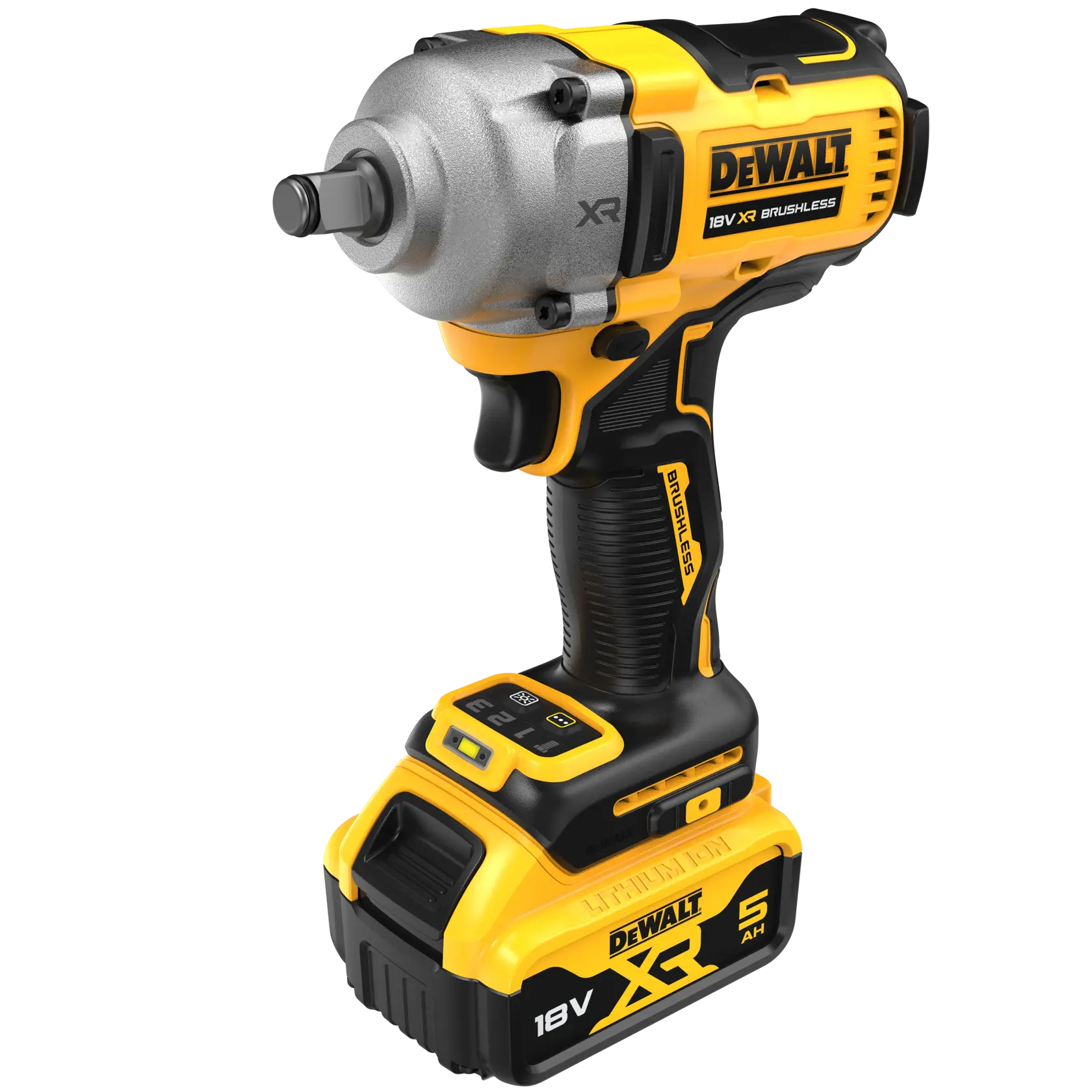 Llave de impacto DEWALT 18V XR brushless inalámbrica con batería, amarilla y negra.