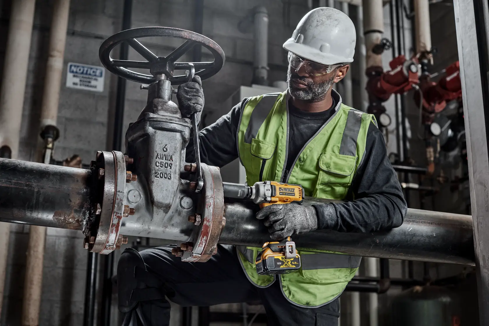 Trabajador usa DEWALT DCF891P2T en una tubería industrial, con equipo de seguridad en fábrica.