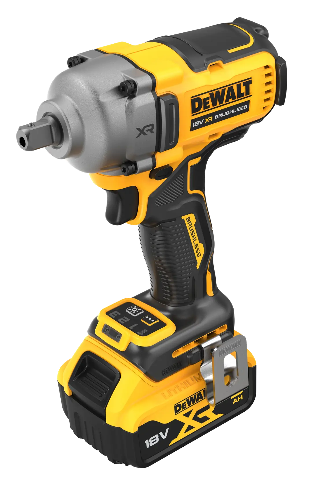 DEWALT DCF892P2T cordless impact wrench, 18V XR, brushless, side angle on white background.
