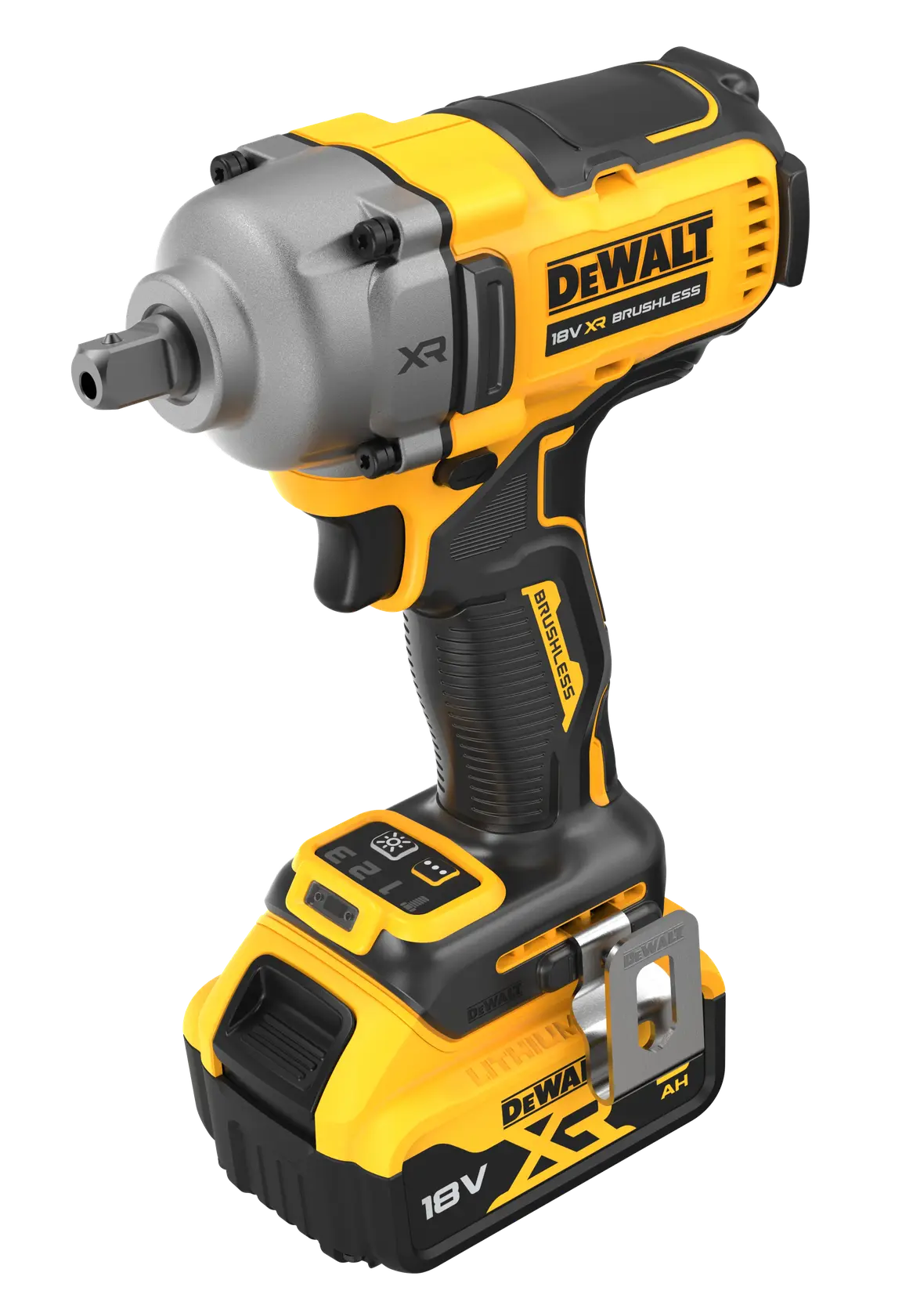 Photo of DEWALT DCF892P2T 18V XR cordless impact wrench, yellow and black, front angle, white background.