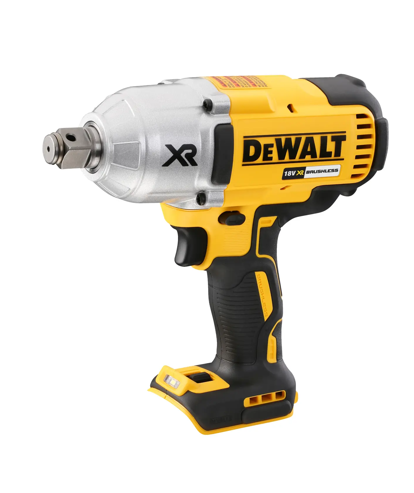 DEWALT cordless impact wrench in yellow, side view. SKUs DCF897N-XJ, DCF897N. White background.