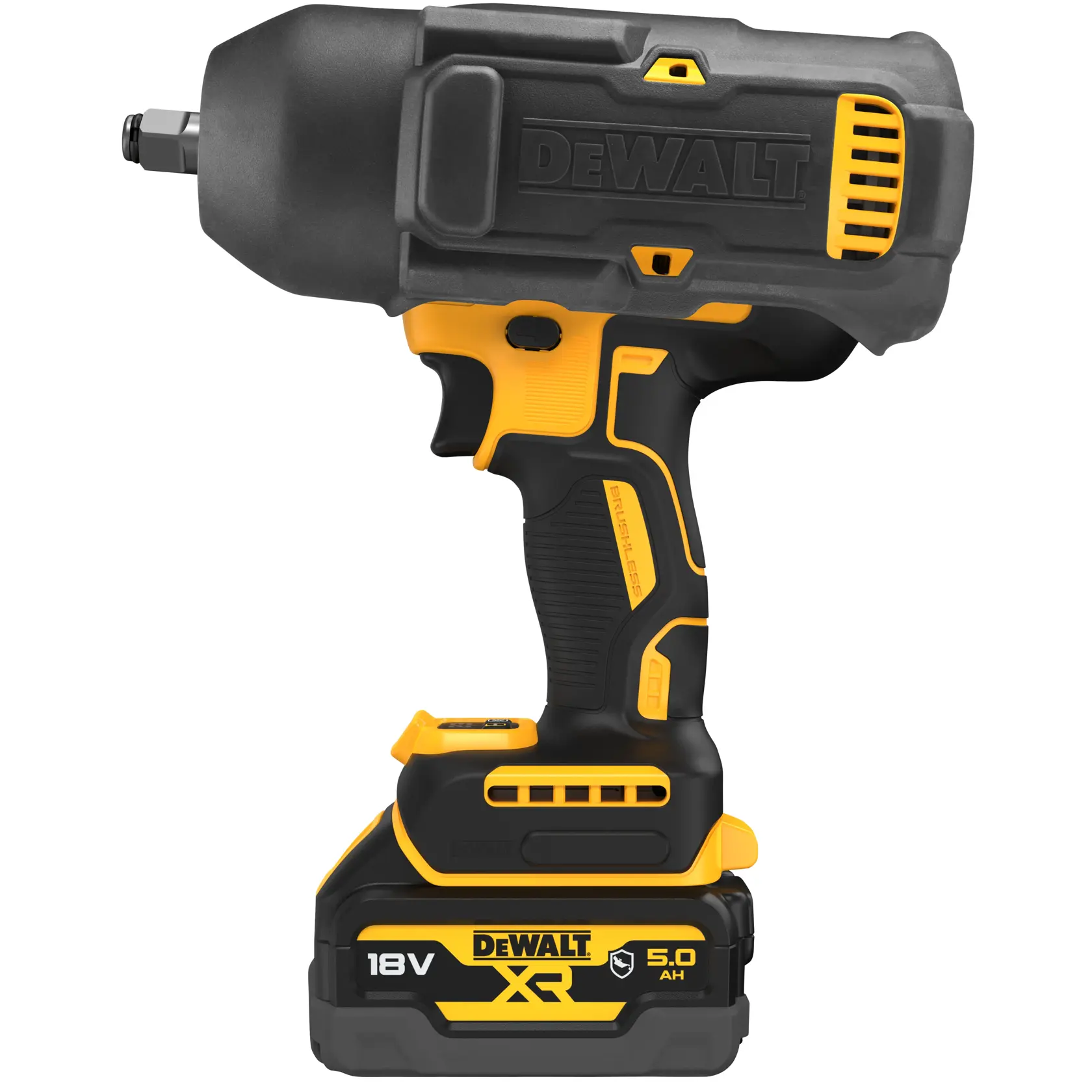 DEWALT 18V XR Akku-Schlagschrauber mit 5,0Ah Akku, schwarz-gelbes Design, Seitenansicht.