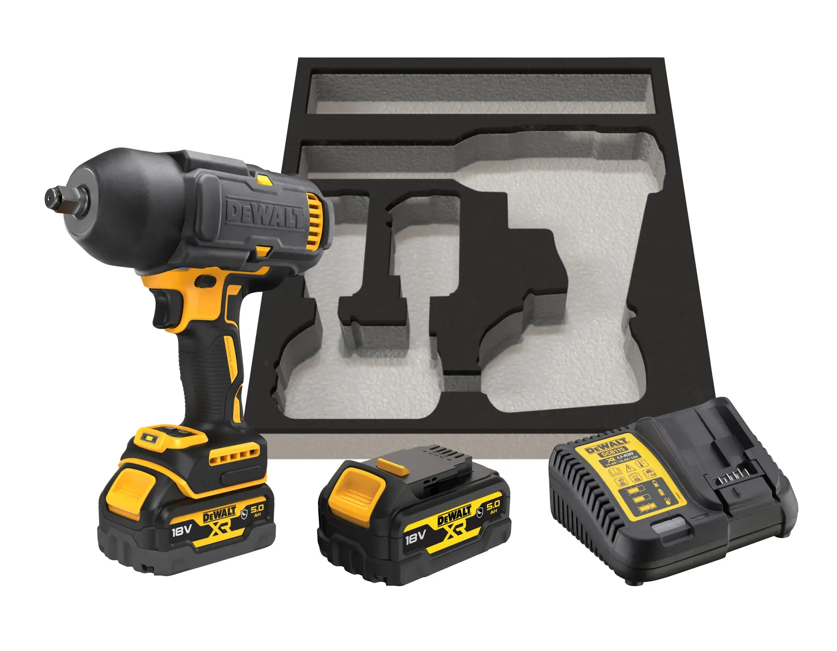 DEWALT Schlagschrauber-Set mit zwei Akkus, Ladegerät und Schaumstoffeinlage zur Aufbewahrung.