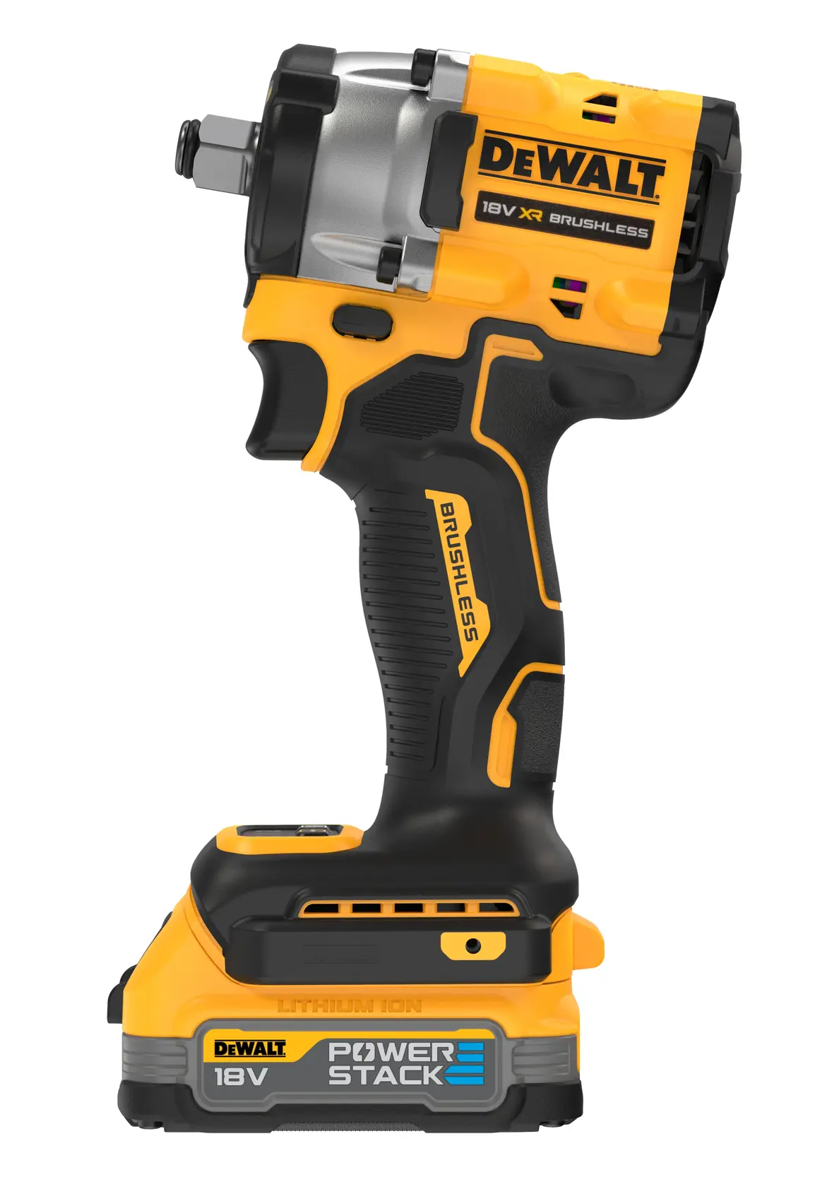 DEWALT 18V XR brushless impact wrench with POWERSTACK battery, shown upright on white background.