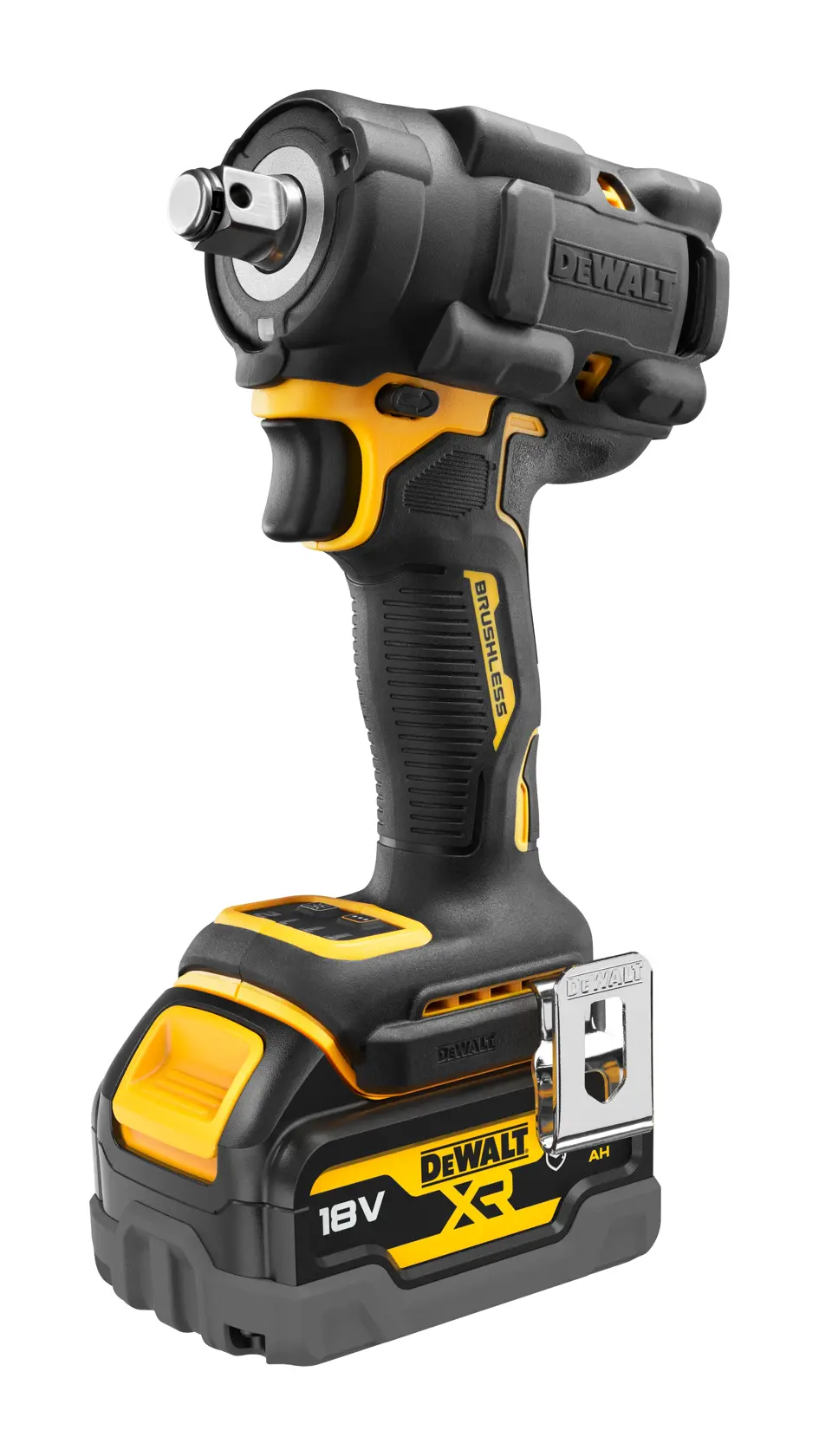 A Dewalt DCF921P2G 18V cordless impact wrench with brushless motor, featuring a yellow and black design, ergonomic grip, metal belt clip, and battery pack attached at the bottom.