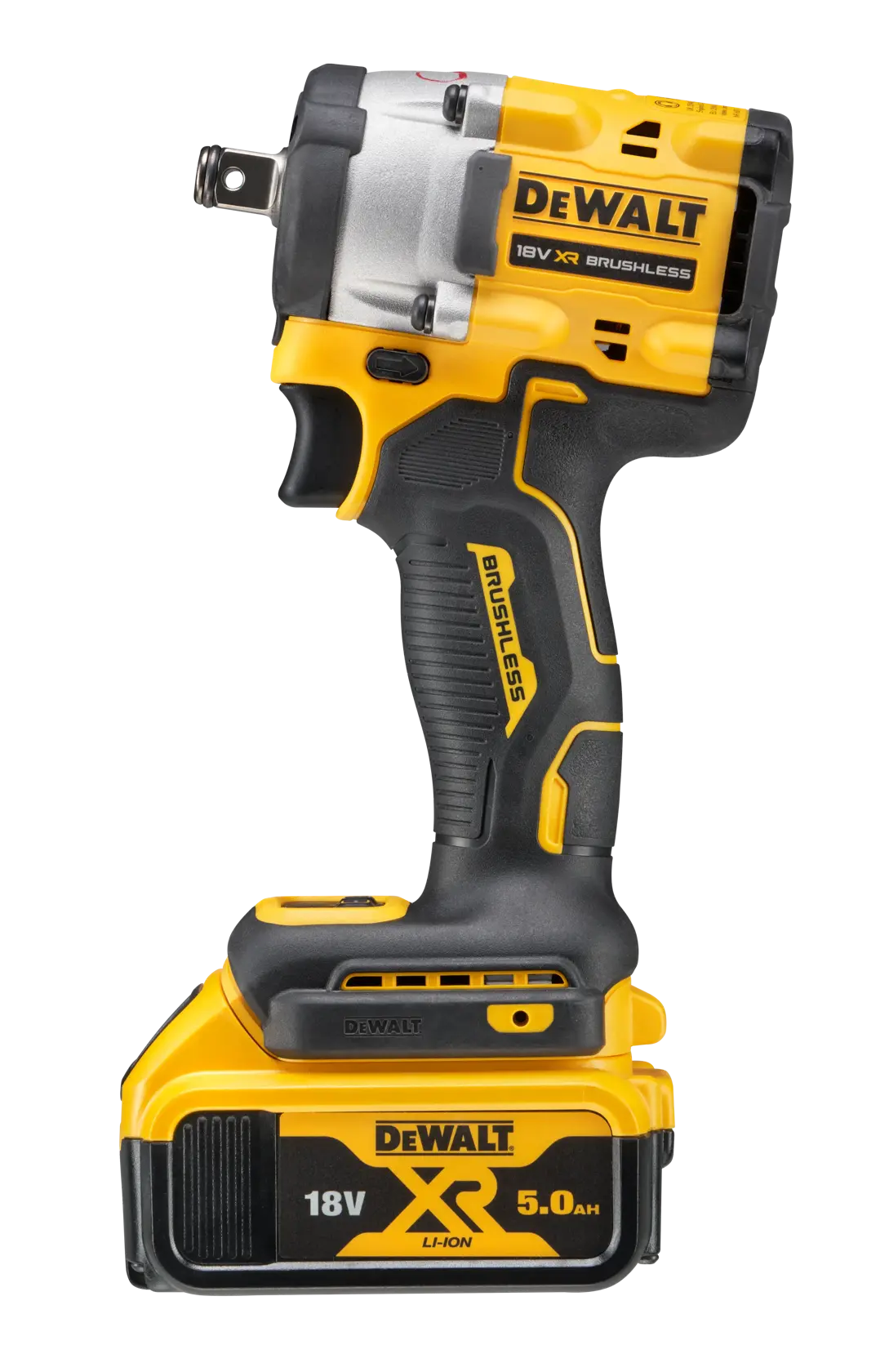 A DEWALT 18V XR brushless cordless impact wrench with a black and yellow handle and a 5.0Ah lithium-ion battery attached at the base.