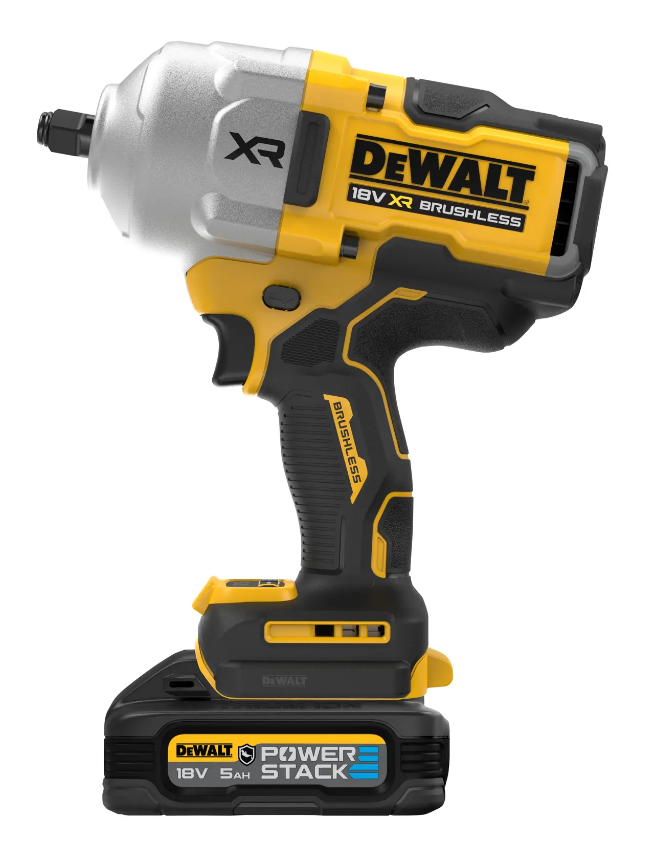 DEWALT 18V XR brushless impact wrench, cordless, yellow and black with a Power Stack battery.