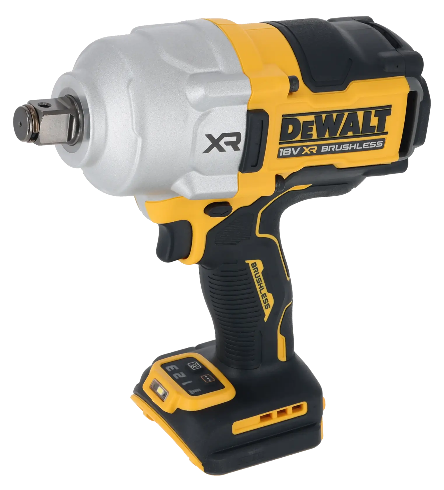 Llave de impacto inalámbrica DEWALT 18V XR brushless, amarilla y negra, vista lateral, sin batería.