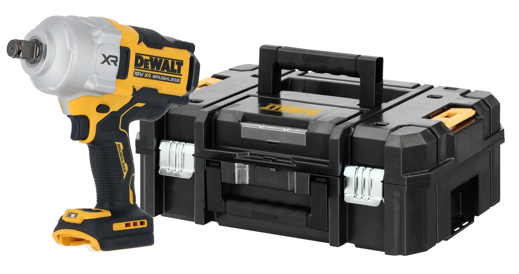 Llave de impacto inalámbrica DEWALT y caja de herramientas negra con detalles amarillos.