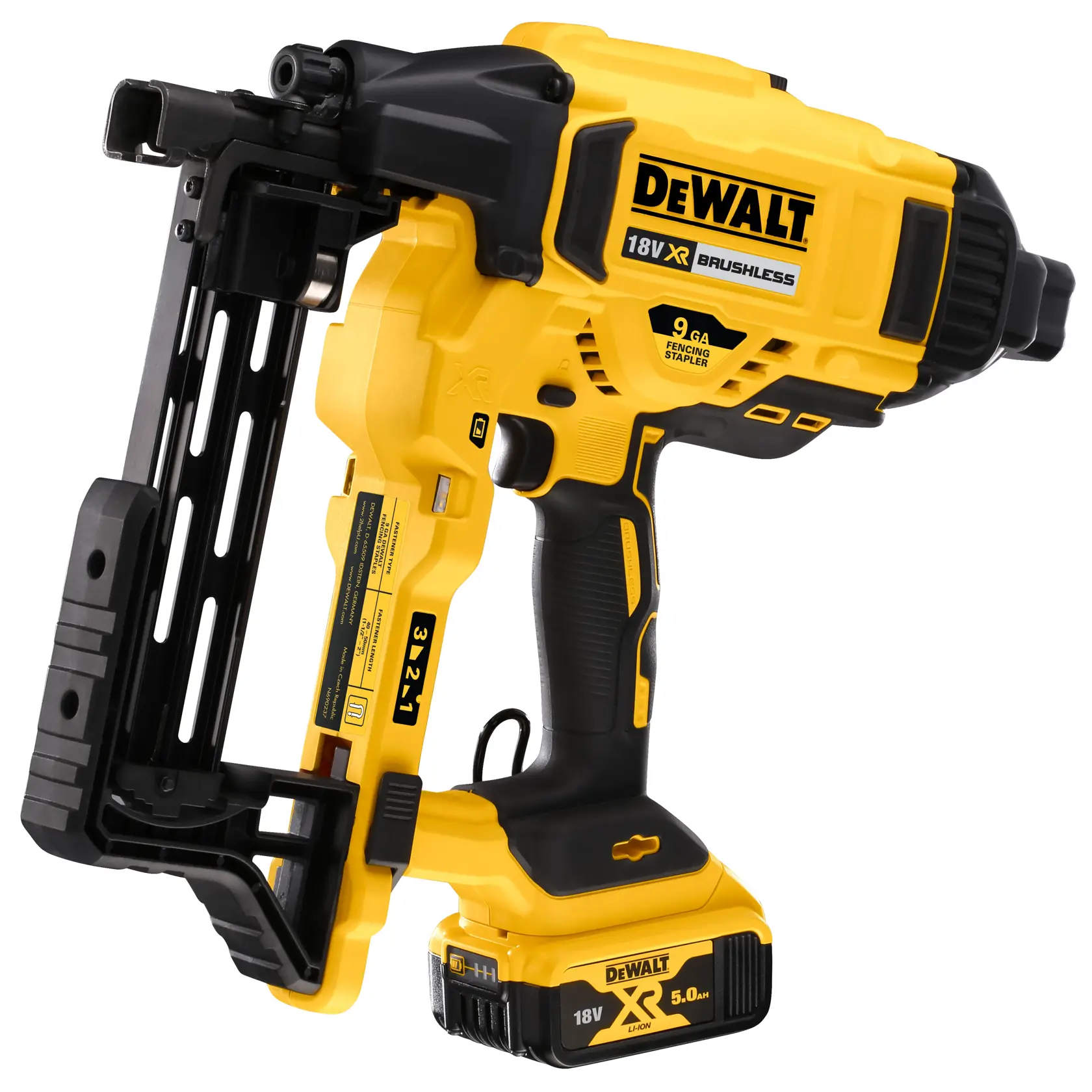 Grapadora DEWALT 18V XR sin escobillas, amarilla y negra, batería de 5.0Ah, vista lateral.