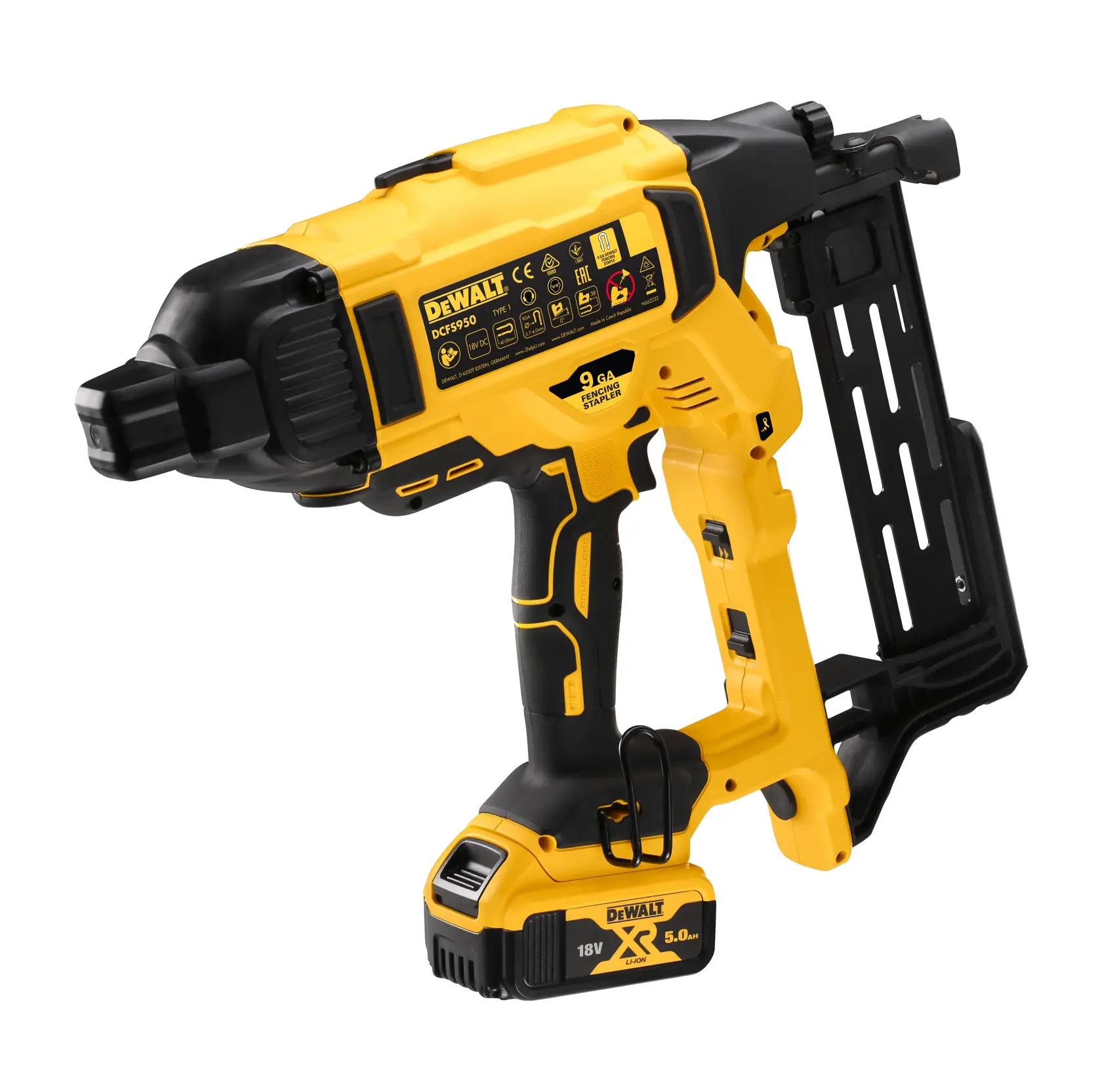 Pistola de clavos inalámbrica DEWALT DCFS950P2, amarilla y negra, con batería 18V 5.0Ah y cargador.
