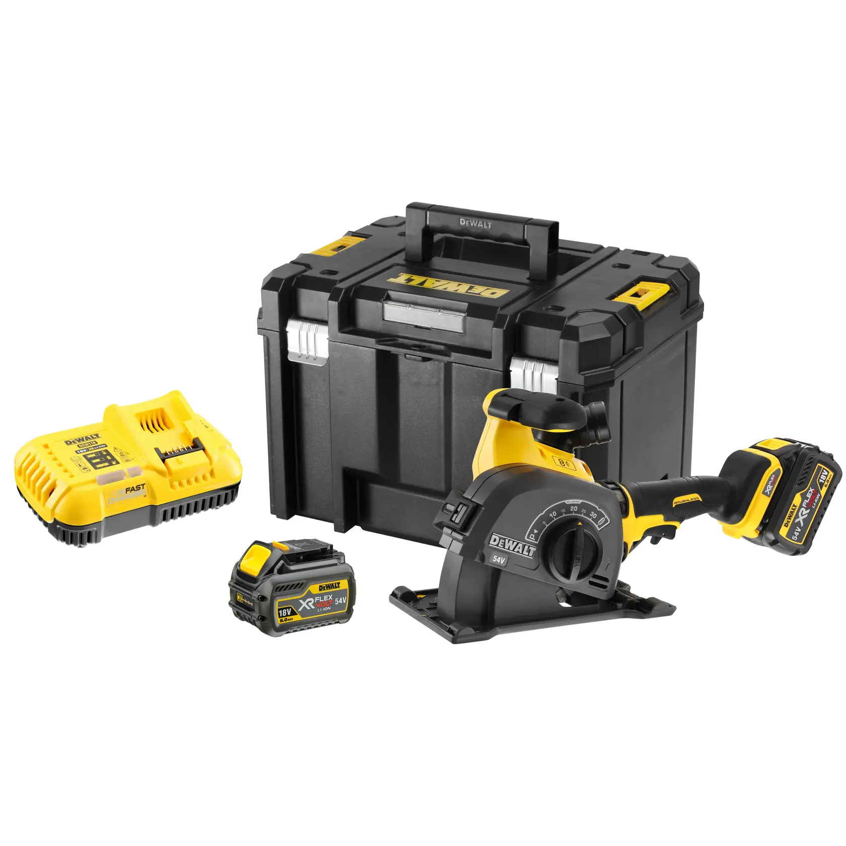 Un juego de herramientas eléctricas inalámbricas DEWALT que incluye una ranuradora, una caja de transporte negra y amarilla, un cargador de batería y dos baterías recargables. Todos los artículos están organizados sobre un fondo blanco.