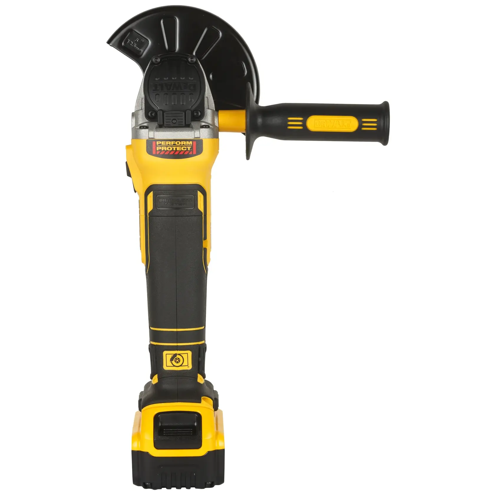 Amoladora angular inalámbrica DEWALT amarilla y negra con mango lateral y protector.