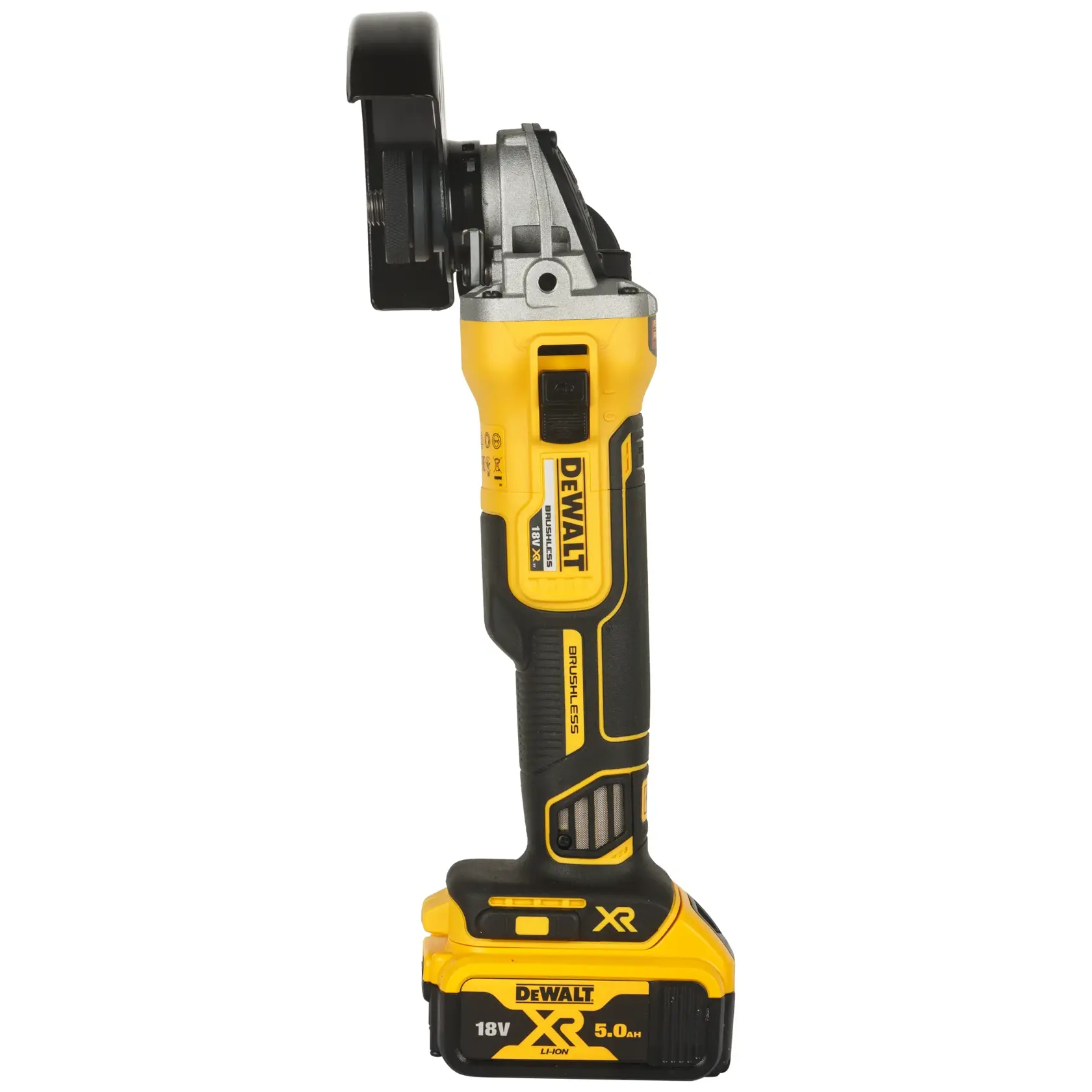 Amoladora inalámbrica DEWALT DCG405P2-QW amarilla-negra, vertical con batería instalada.