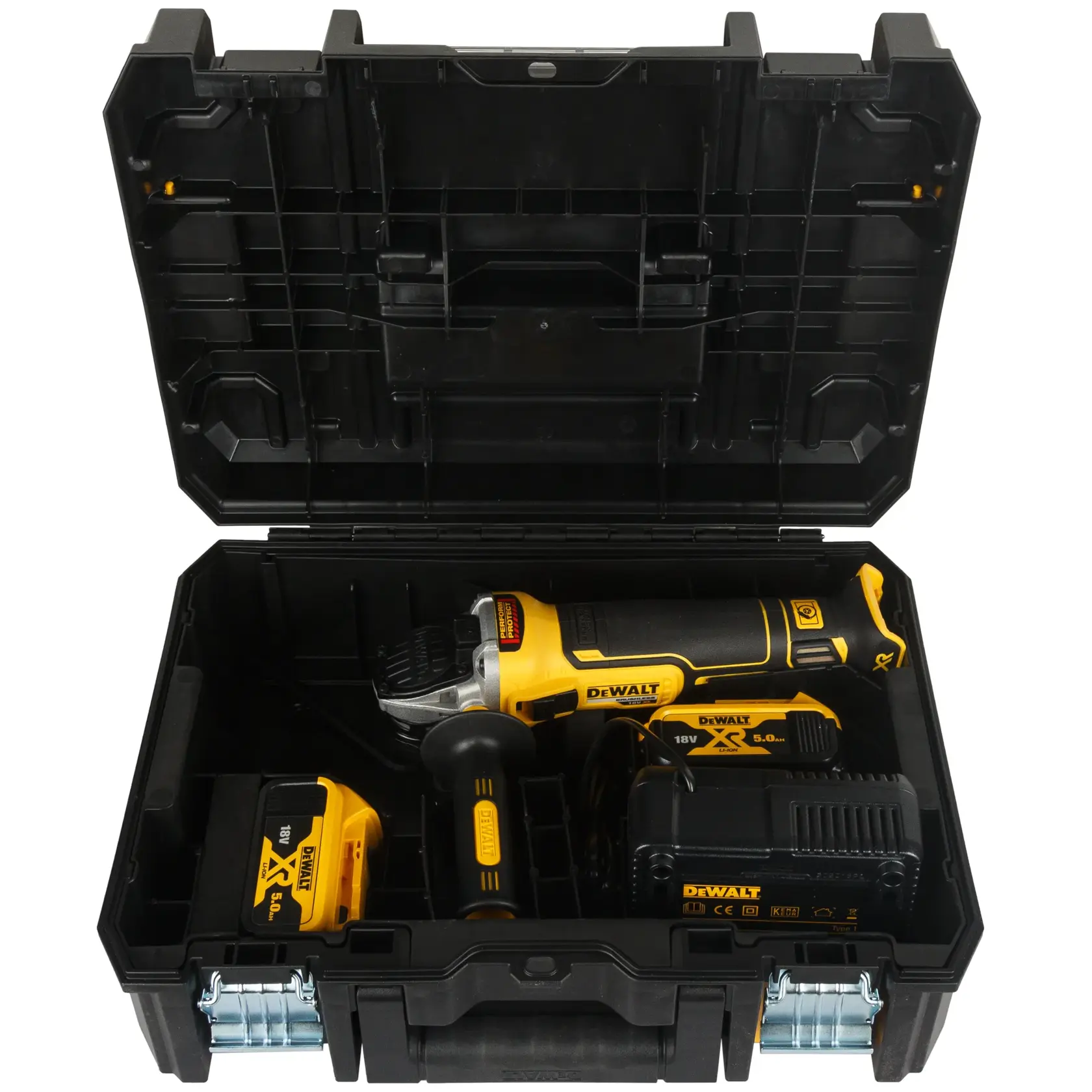 Kit de amoladora inalámbrica DEWALT con batería y cargador en una caja negra.