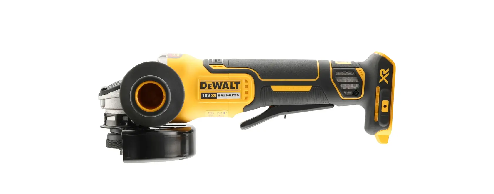 DEWALT cordless grinder DCG406NT, DCG406NT-XJ on white. Photography category, region EMEAANZ.