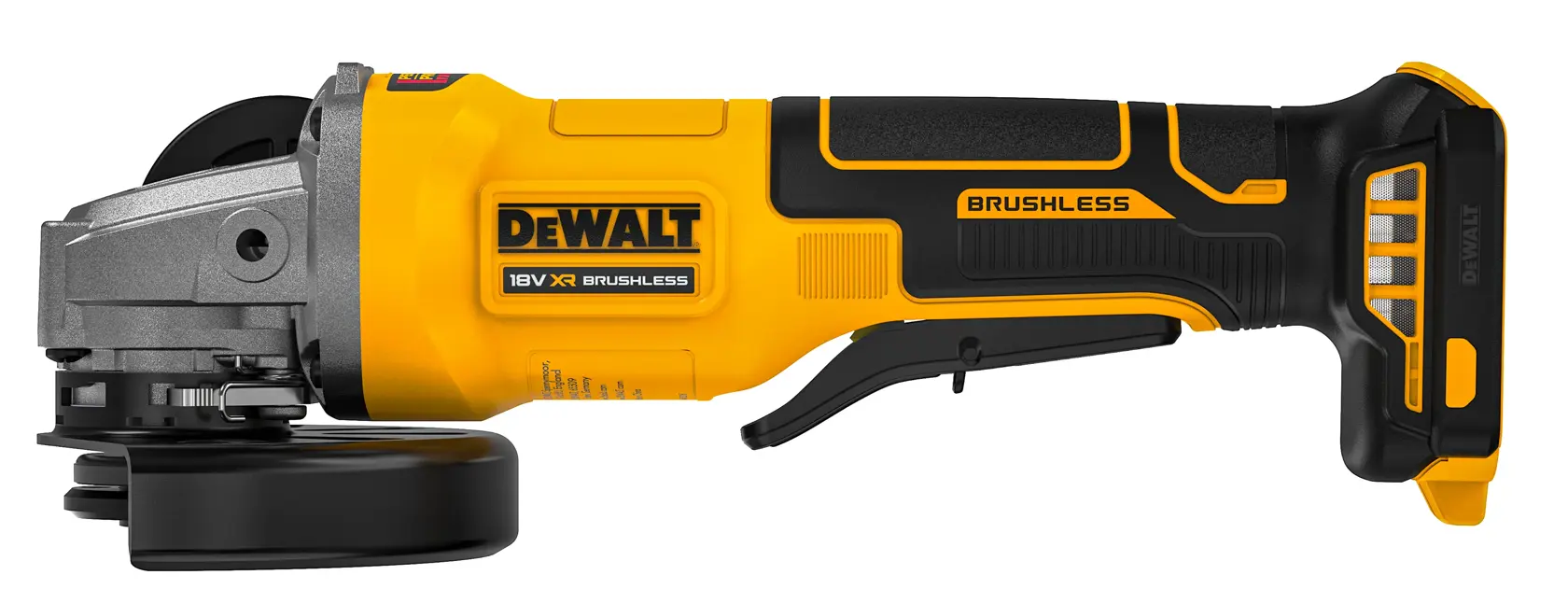 DEWALT cordless angle grinder, yellow and black, brushless, 18V, side view, isolated on white.