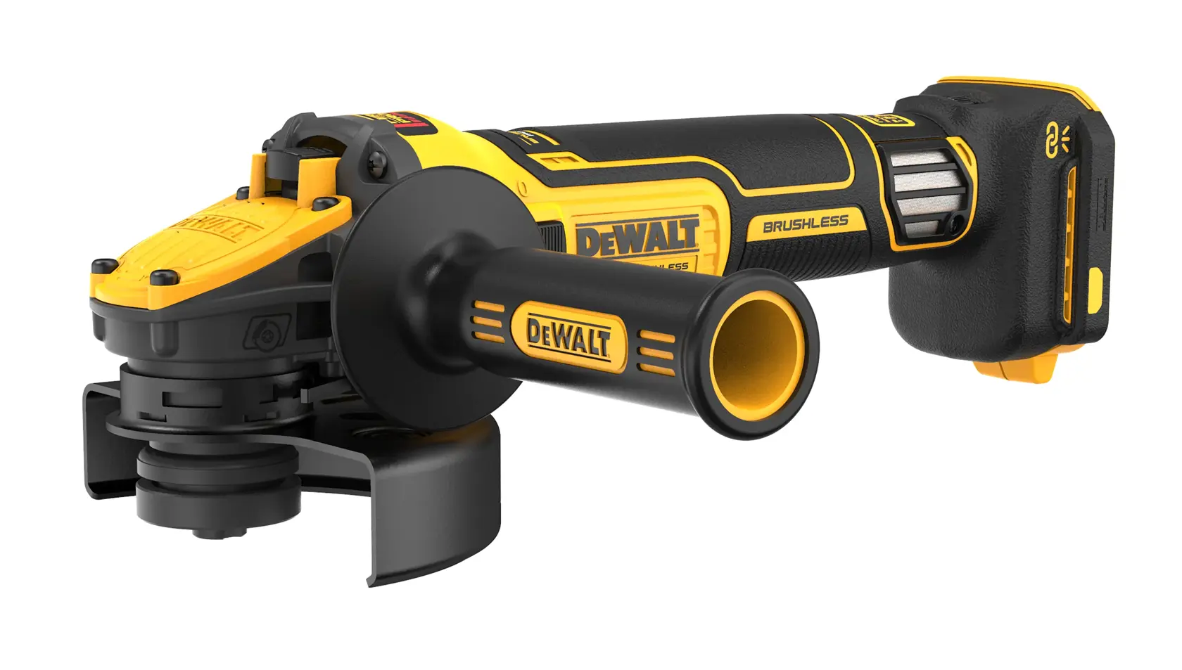 DEWALT cordless brushless angle grinder, yellow and black, with side handle and battery pack.