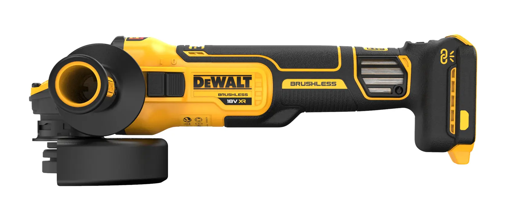 DEWALT cordless brushless angle grinder in yellow and black, side view, without battery attached.