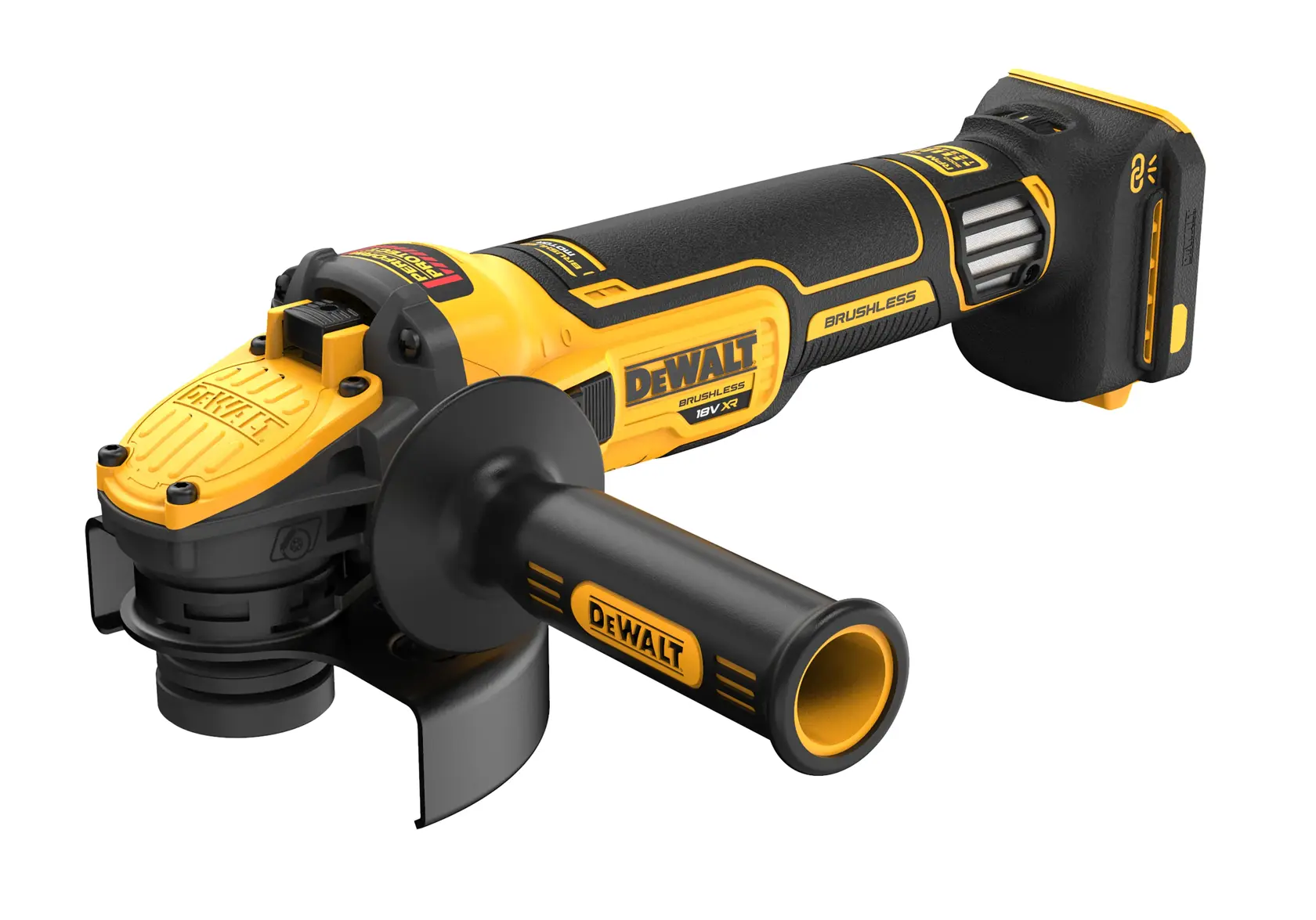 Cordless DEWALT angle grinder with brushless motor, yellow and black, shown with side handle and battery pack.