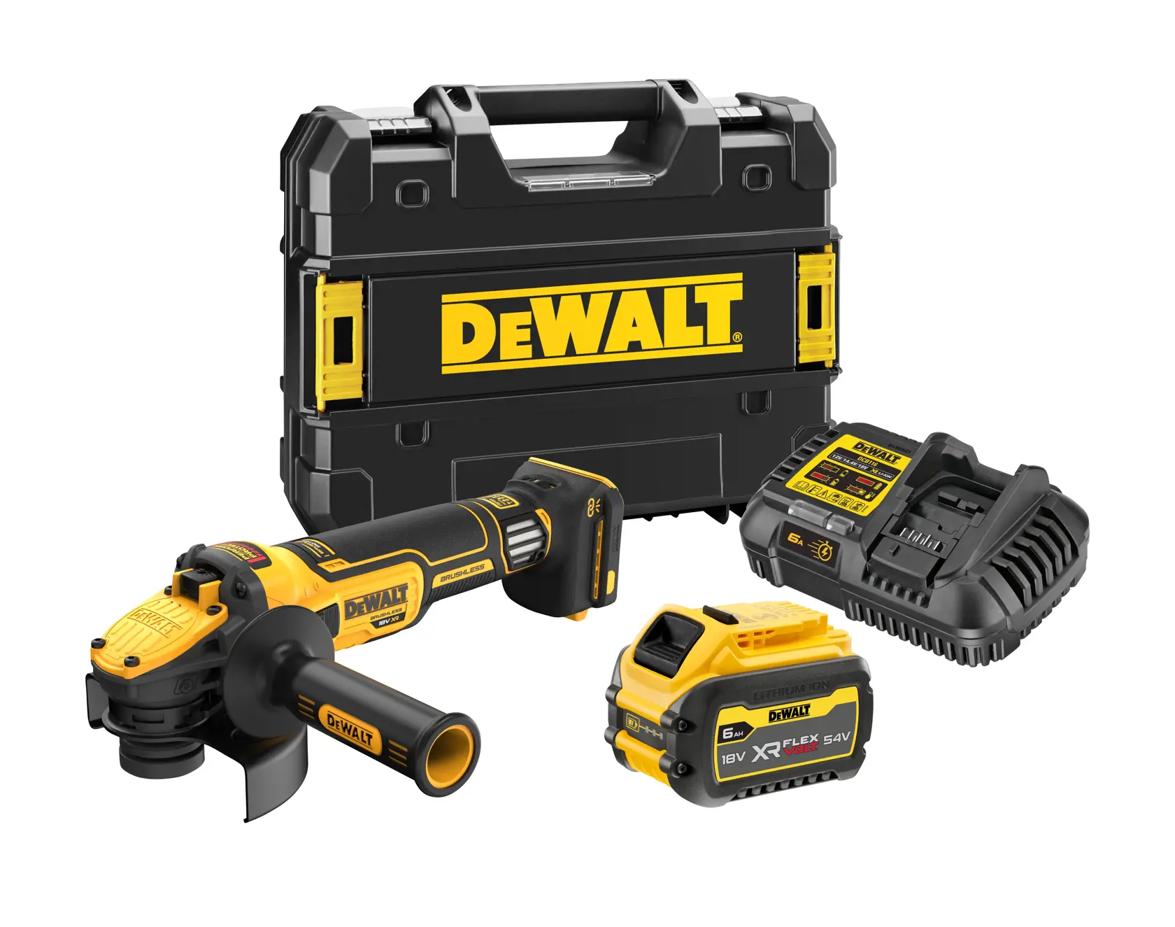 DEWALT cordless angle grinder kit, including a yellow and black angle grinder, a hard carrying case, a battery, and a charger.