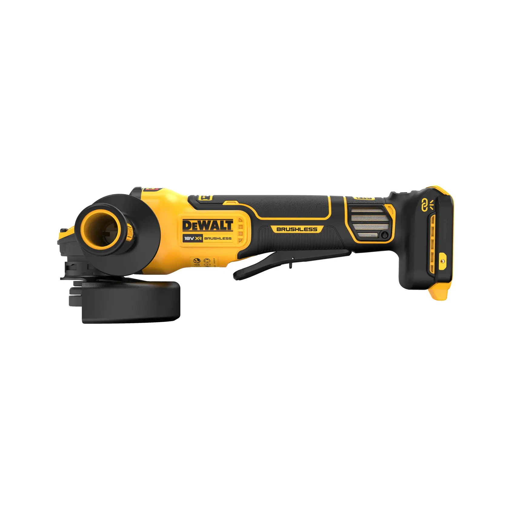 DEWALT kabelloser Winkelschleifer mit bürstenlosem Motor, gelb-schwarz, Seitenansicht, weißer Hintergrund.