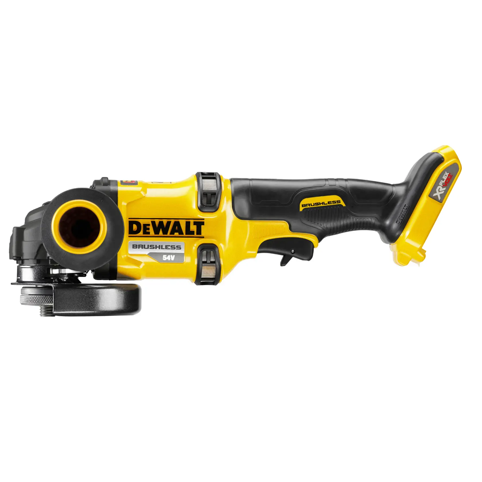 Amoladora angular DEWALT 54V sin cable, mango ergonómico y espacio para batería XR FlexVolt.
