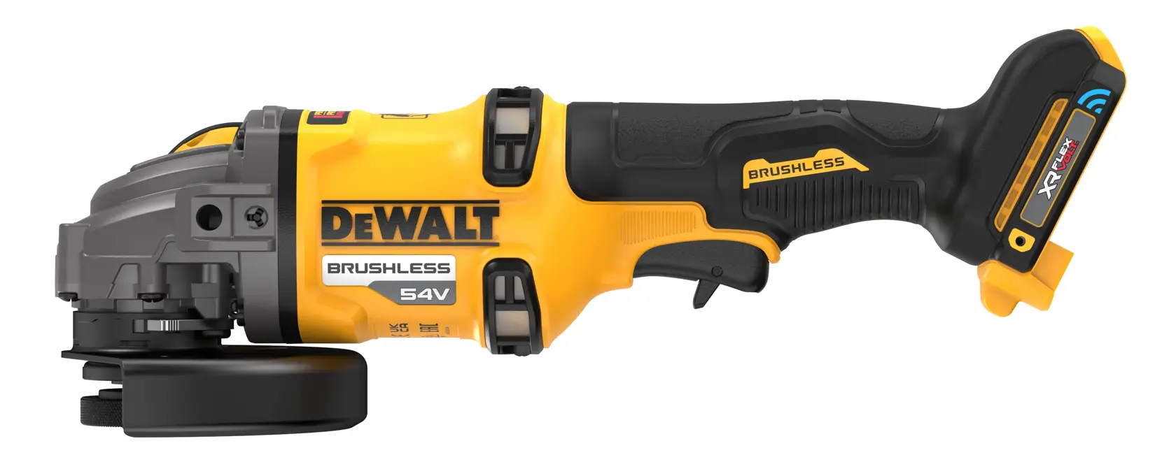 DEWALT 54V cordless brushless angle grinder with black and yellow design, side profile, battery attached.