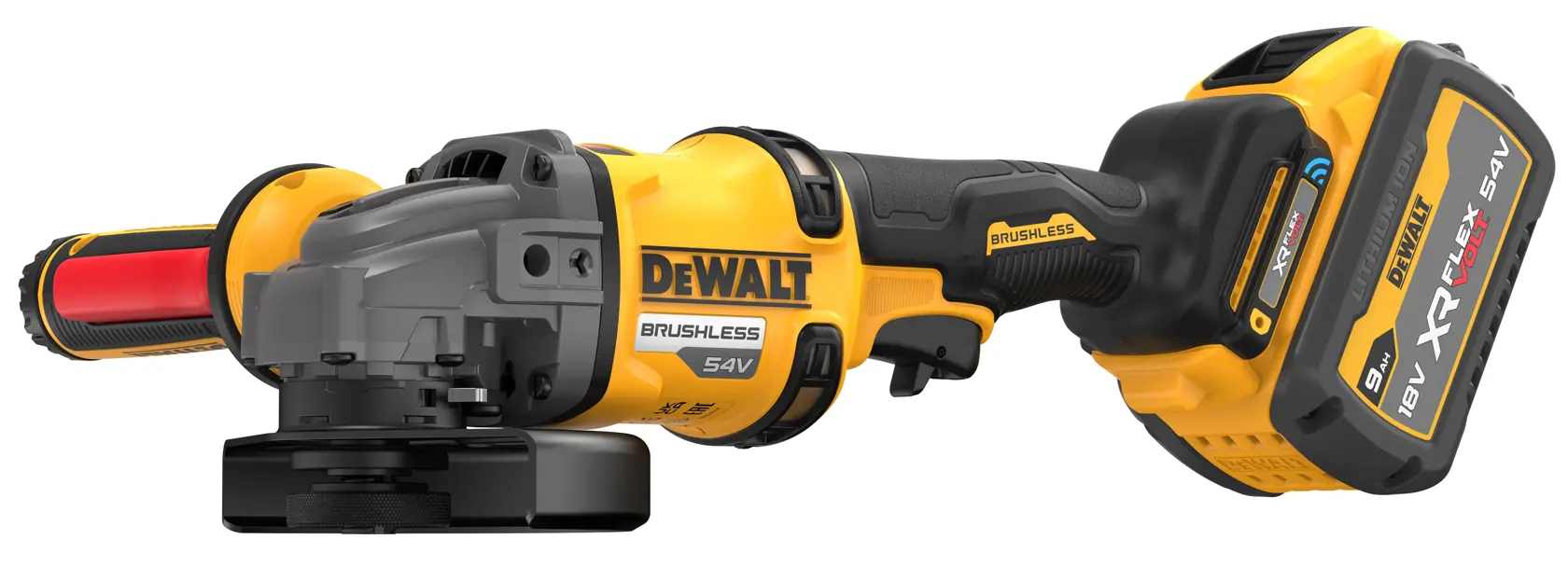 DEWALT cordless brushless angle grinder with a yellow and black body and FlexVolt 54V battery.