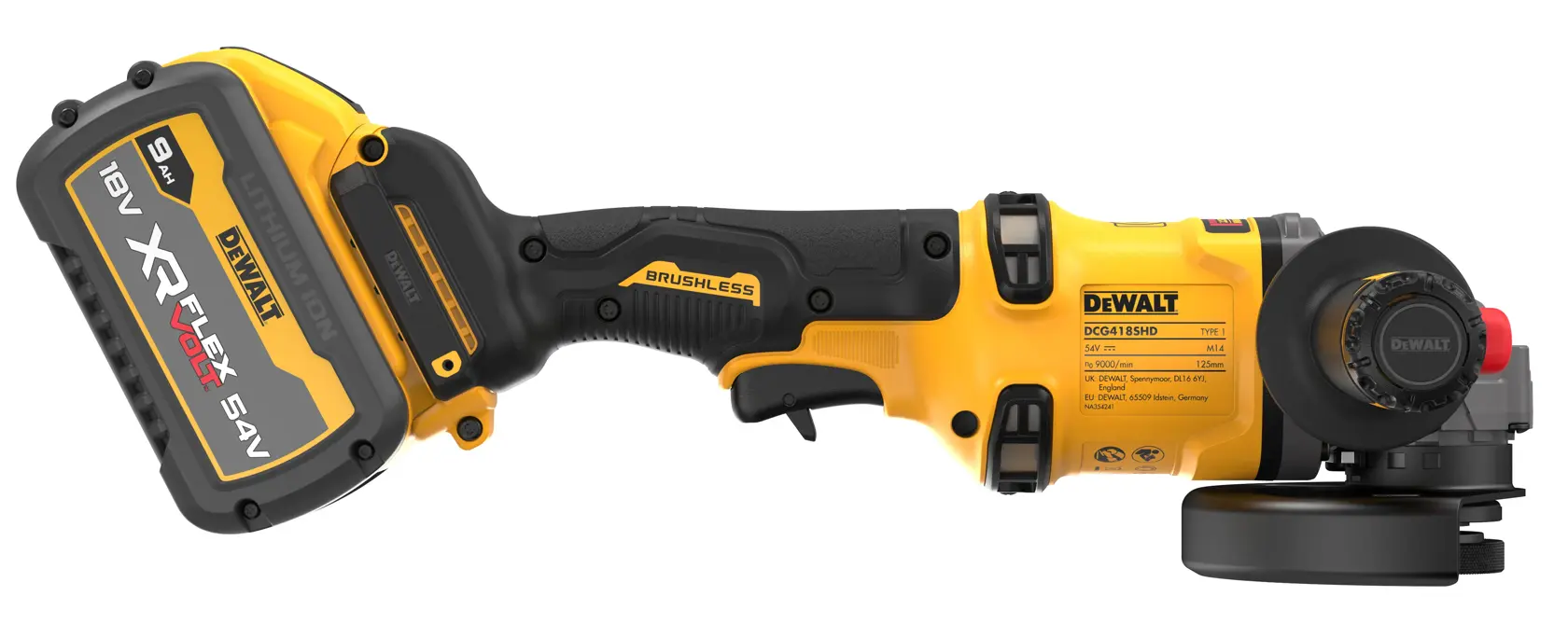 DEWALT DCG418SHDX2 cordless angle grinder with brushless motor and XR FLEXVOLT battery, shown in a side view.