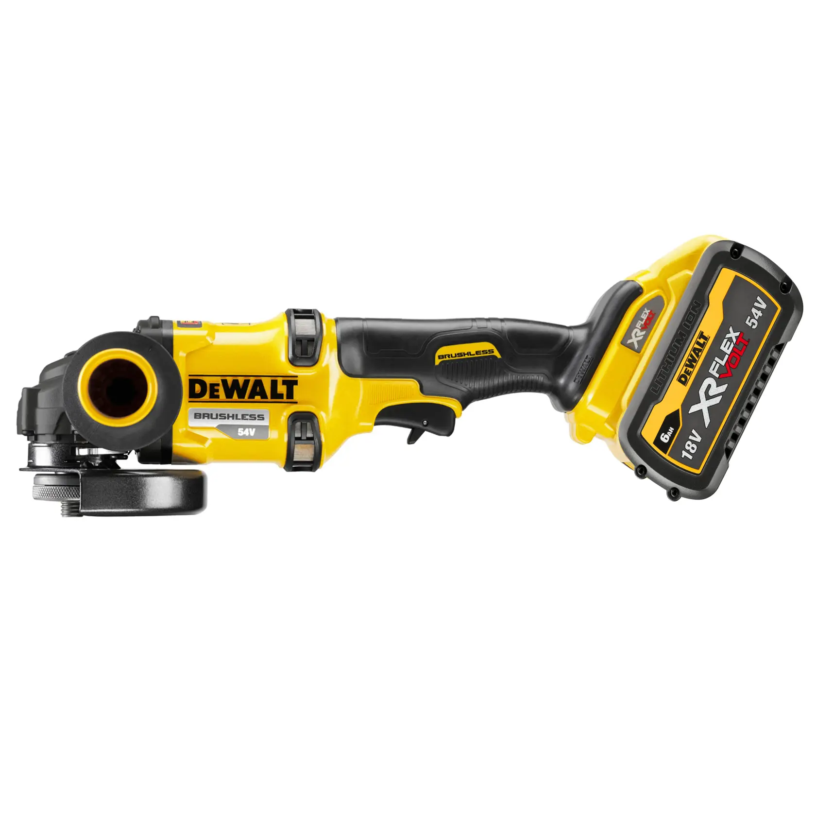 Amoladora angular inalámbrica DEWALT XR Flexvolt 54V con motor sin escobillas, diseño amarillo-negro.