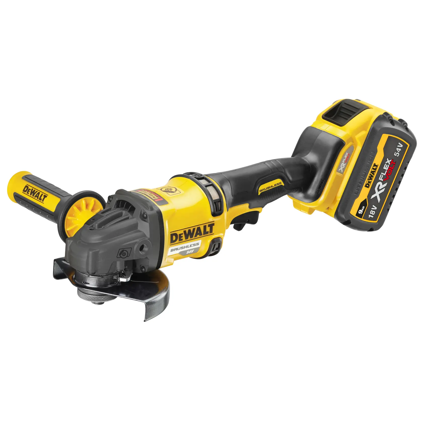 DEWALT cordless angle grinder with brushless motor and XR Flexvolt battery, suitable for cutting and grinding.