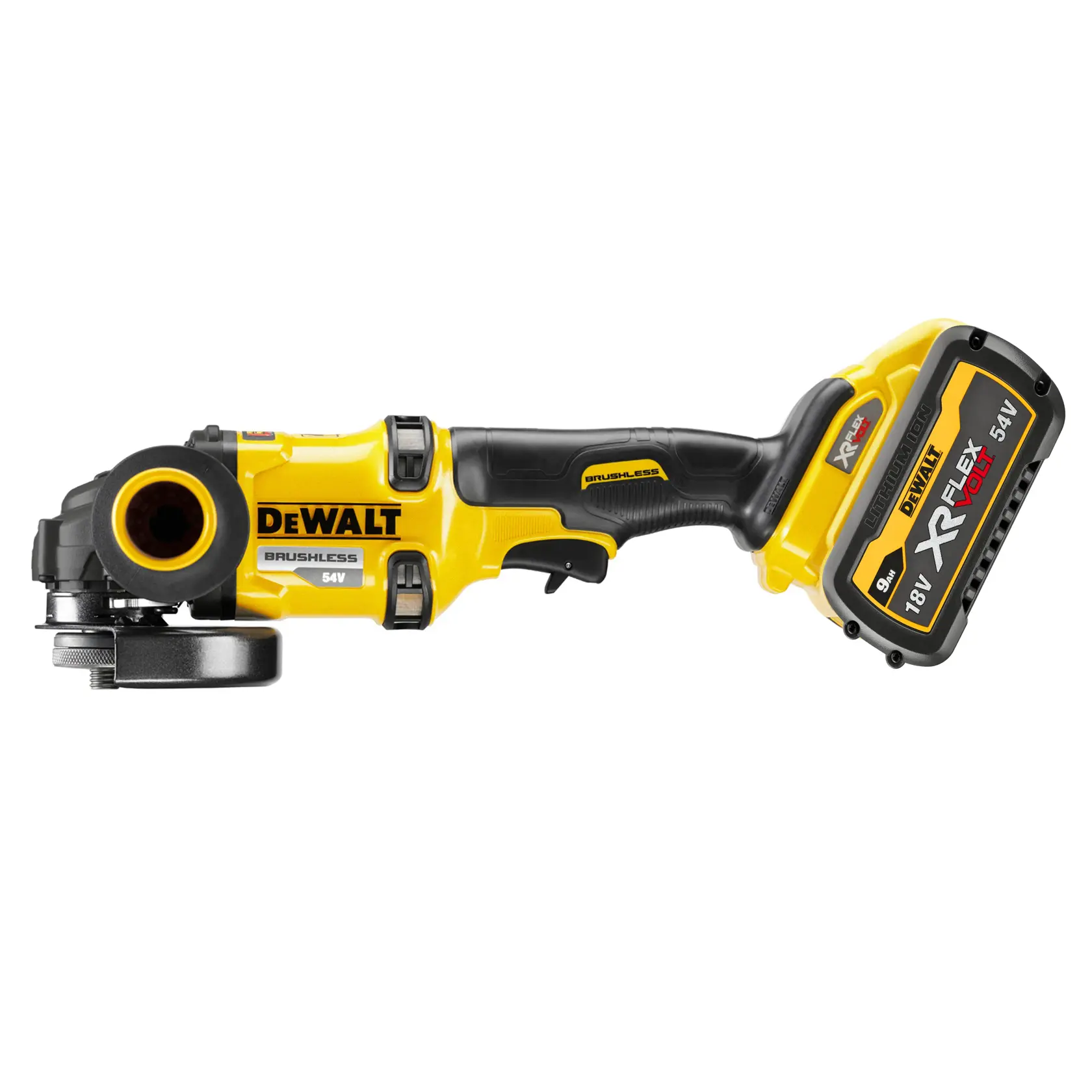 DEWALT cordless angle grinder with brushless motor and XR FLEXVOLT battery, yellow and black.