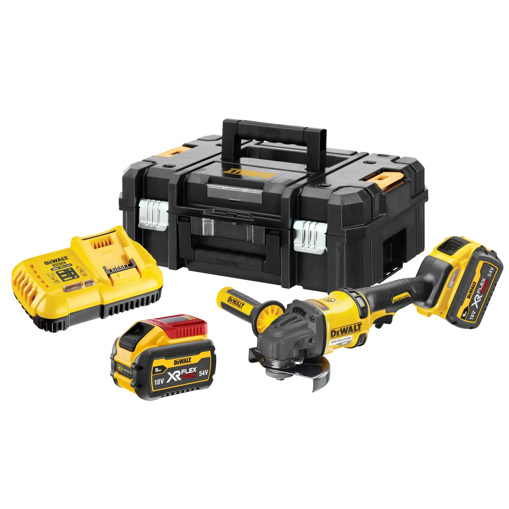 DEWALT cordless grinder kit with tool, charger, battery, and black hard case.