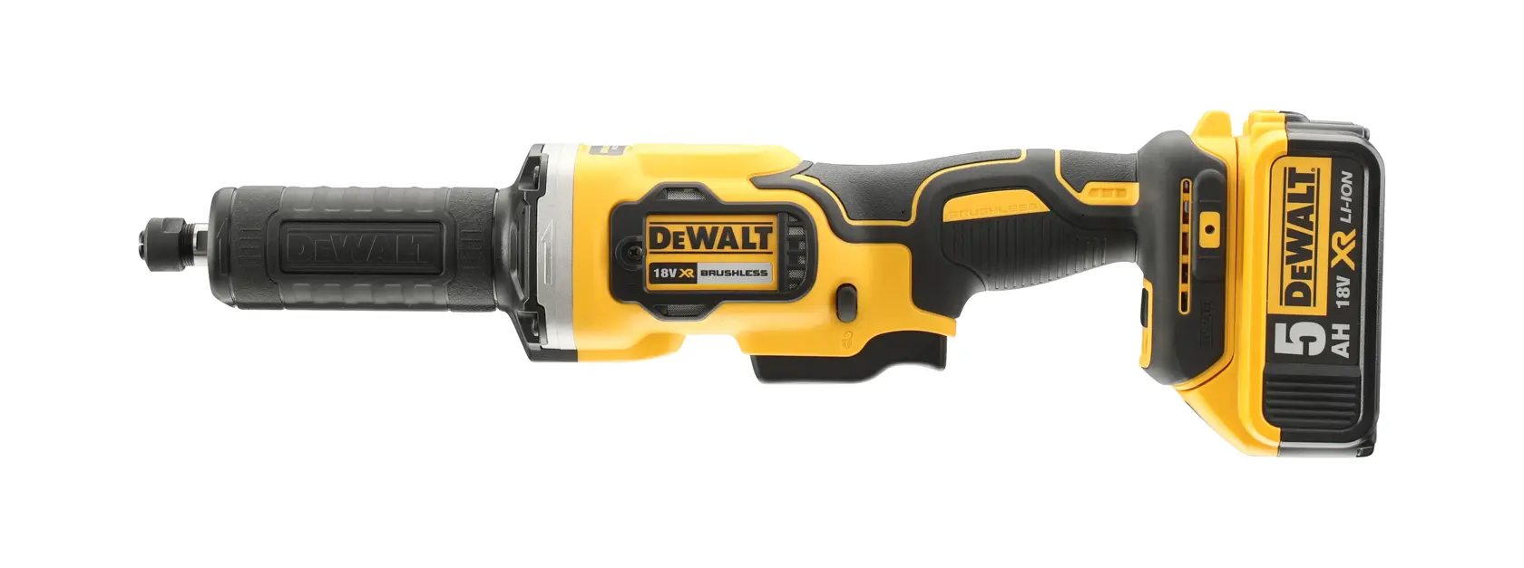 DEWALT cordless die grinder, 18V XR, brushless, yellow-black, side view with battery attached.