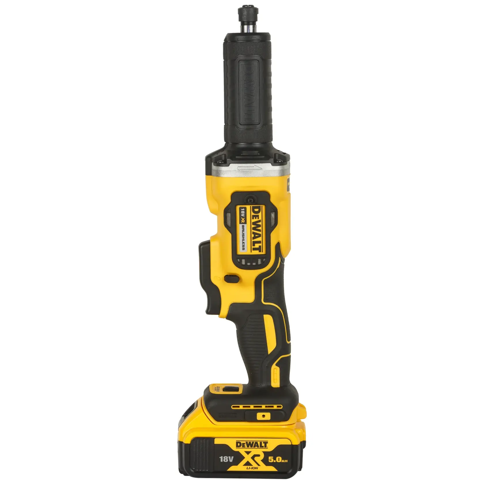 DEWALT DCG426P2 cordless die grinder with 18V battery, black and yellow design, shown upright.