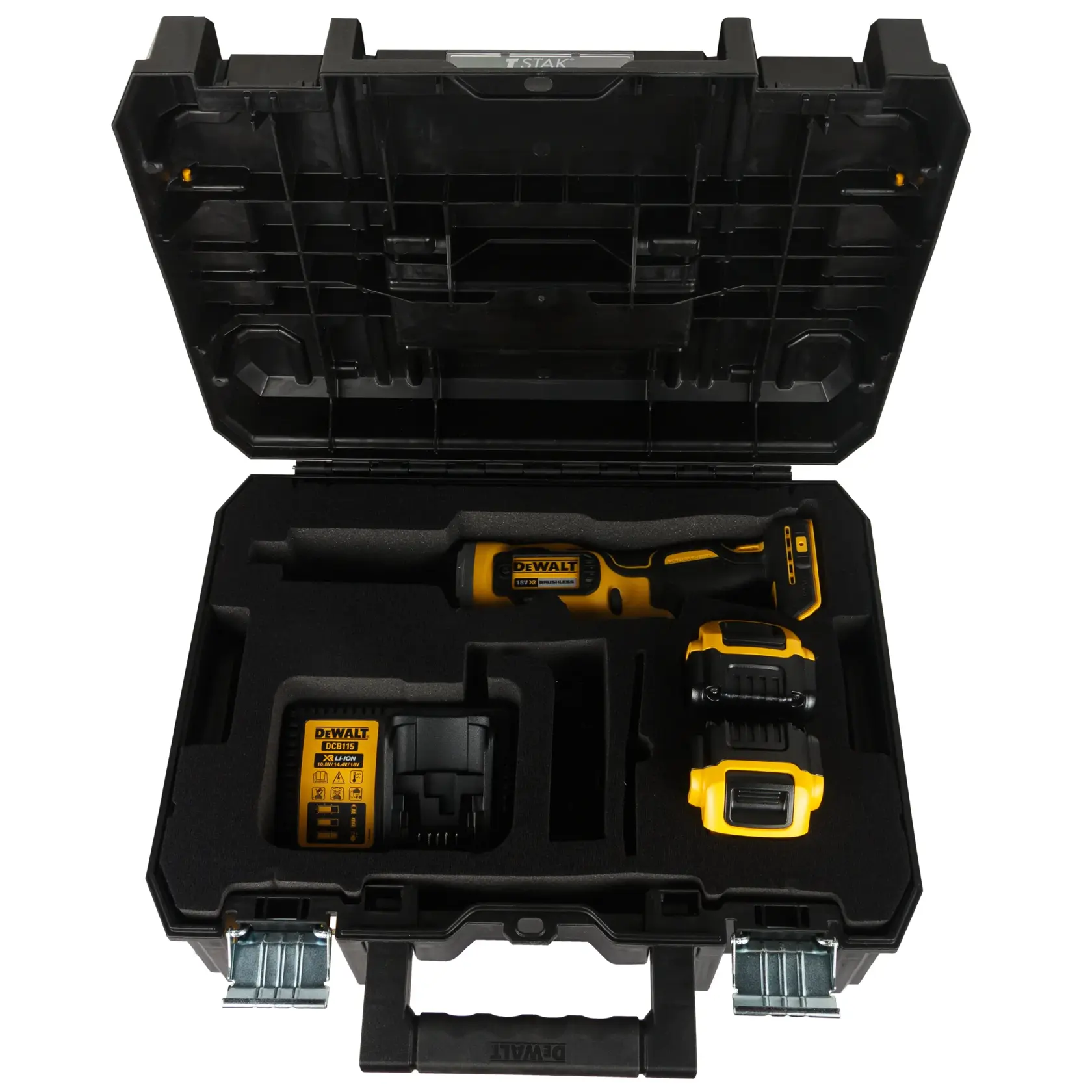 A DEWALT cordless rotary tool kit in a black foam-lined hard case, containing the tool, two batteries, and a charger.