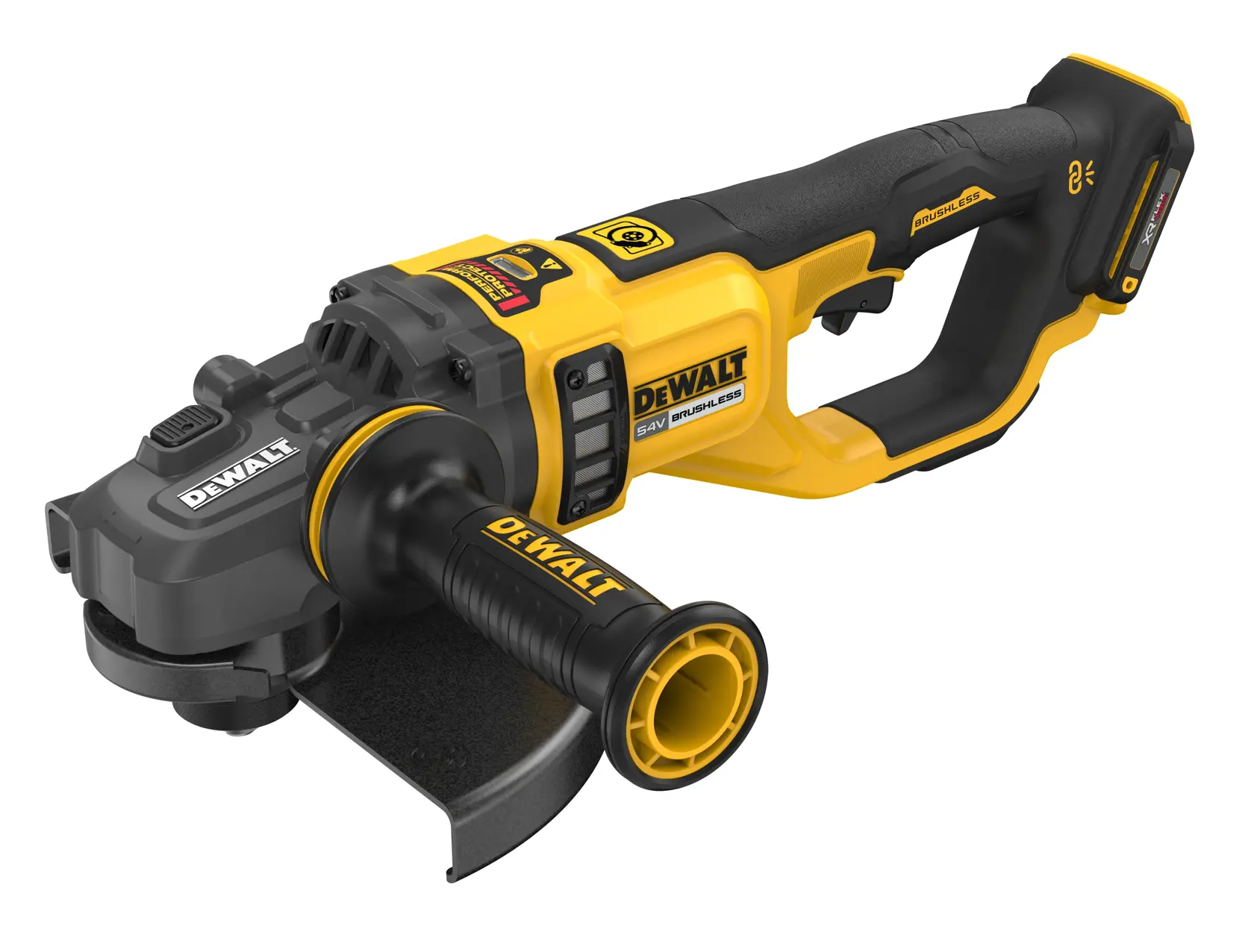 Amoladora angular inalámbrica DEWALT 54V brushless con mango lateral, diseño negro y amarillo, fondo blanco.
