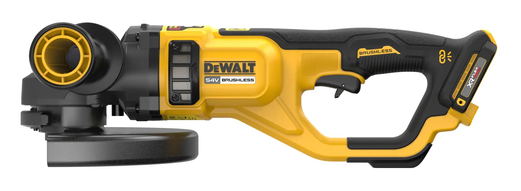Amoladora angular DEWALT 54V inalámbrica, brushless, amarilla y negra, vista lateral.