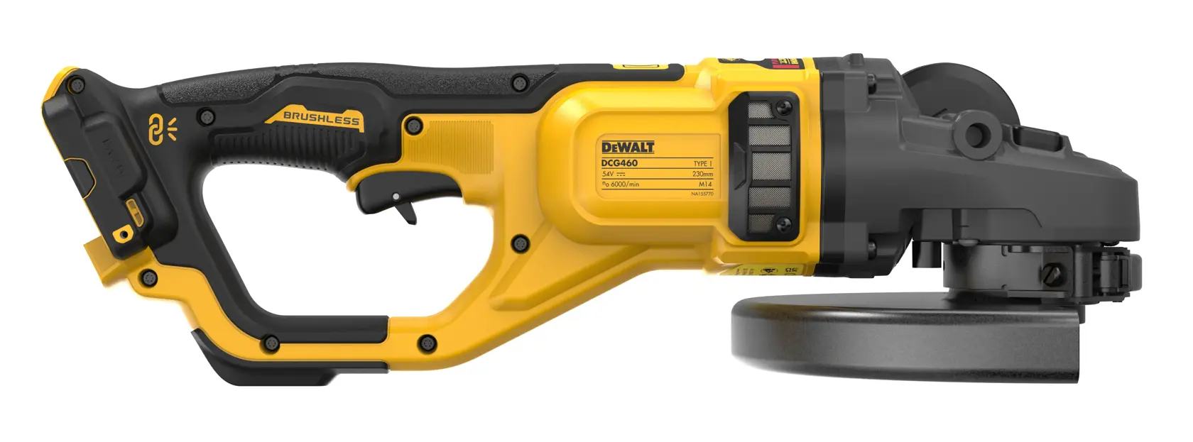 Amoladora angular inalámbrica DEWALT DCG460N amarilla y negra, vista lateral sobre fondo blanco.