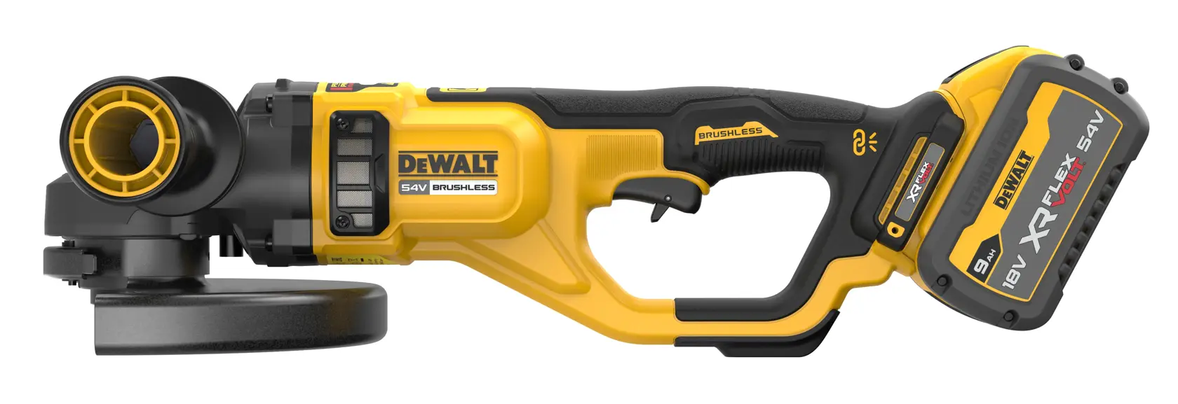 Amoladora angular inalámbrica DEWALT, amarilla y negra, batería XR FlexVolt 54V visible en el mango.