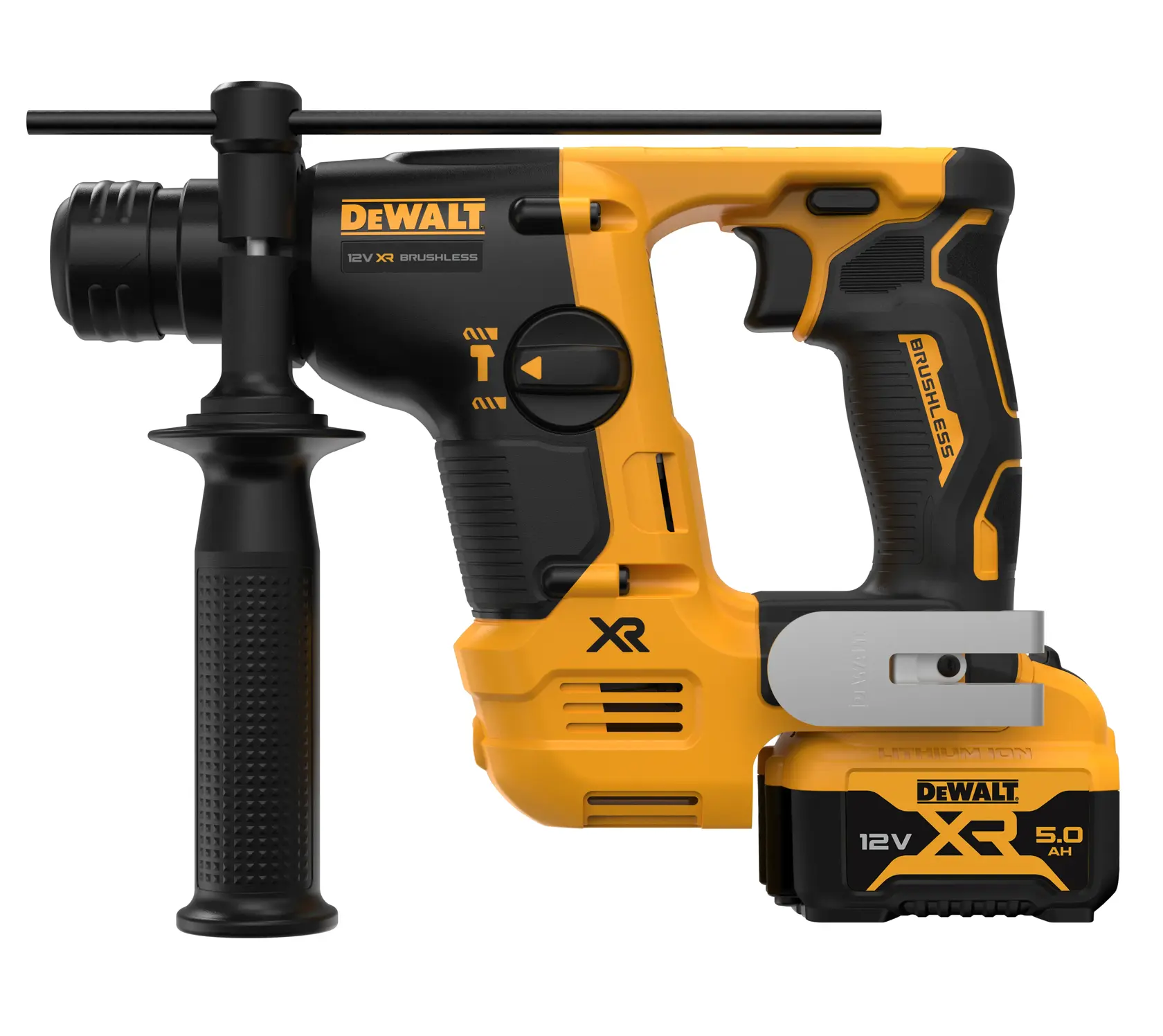 DEWALT 12V XR cordless rotary hammer drill with side handle and battery pack shown on a white background.