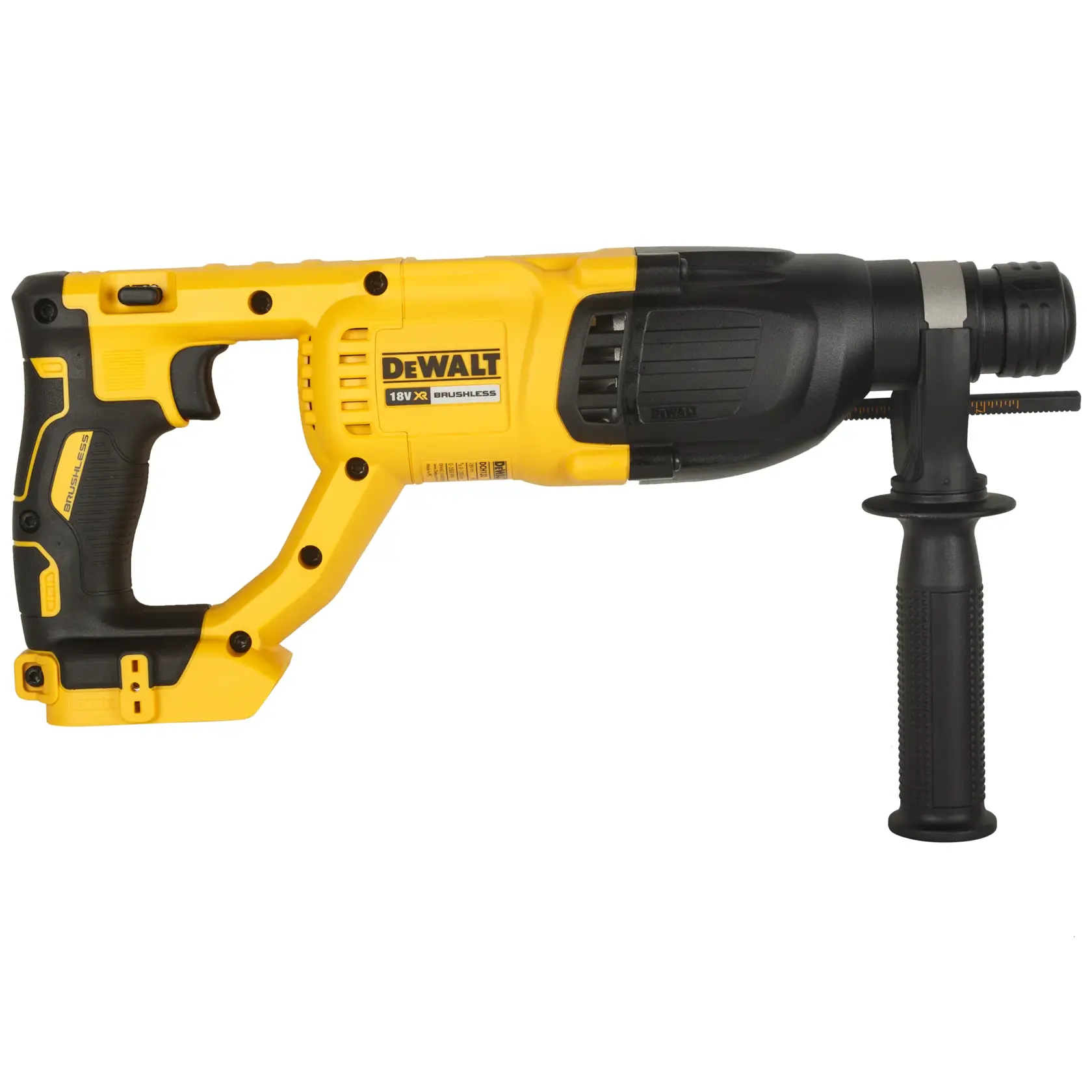 DEWALT 18V Akku-Bohrhammer in Gelb und Schwarz mit Seitengriff, bürstenloser Motor.