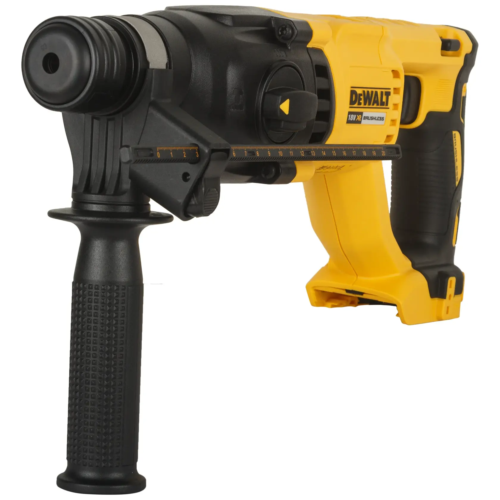 Gelber und schwarzer DEWALT Akku-Bohrhammer mit Seitengriff und Tiefenanschlag.