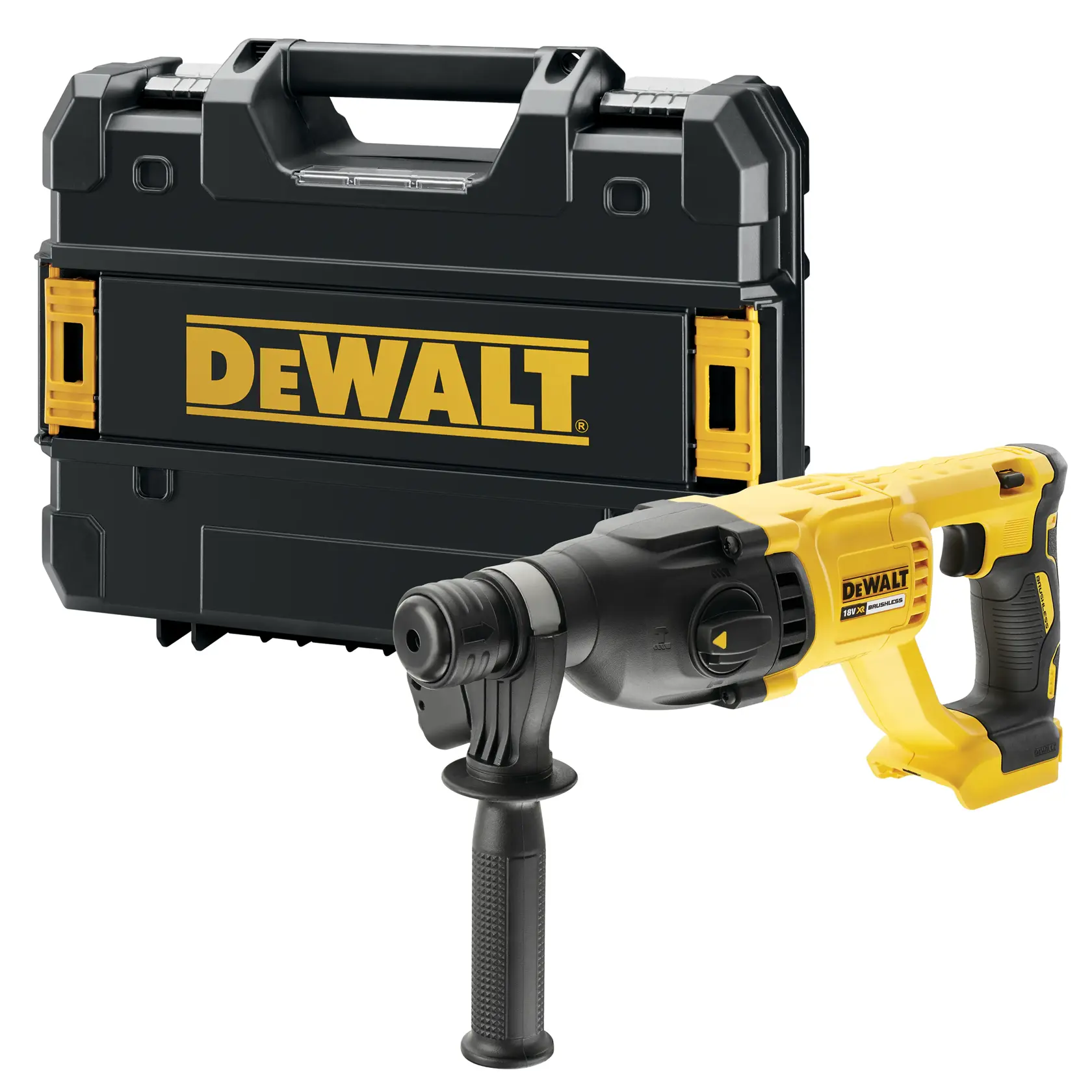 DEWALT Bohrhammer mit stabilem Transportkoffer. Gelb-schwarzes Profi-Elektrowerkzeug.