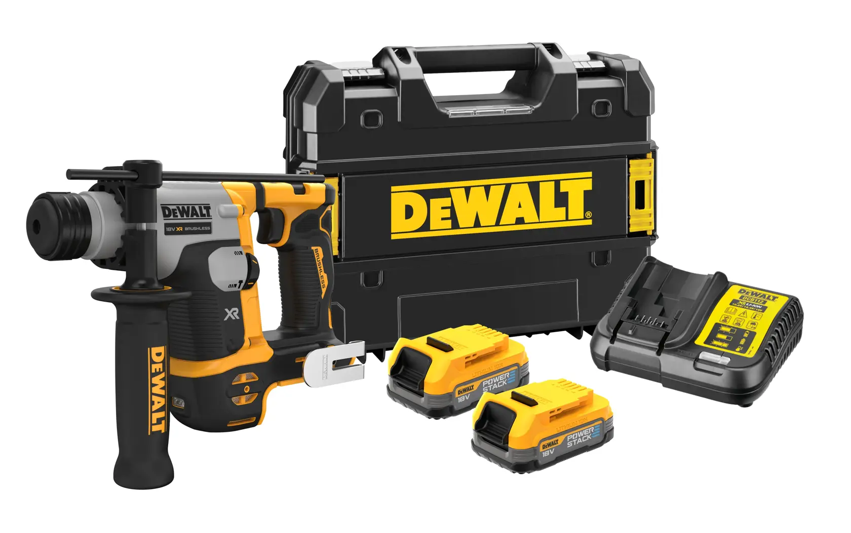 Un set de martillo perforador inalámbrico DEWALT, modelo DCH172E2T, mostrado con un maletín rígido negro y amarillo, dos baterías recargables y un cargador de baterías.